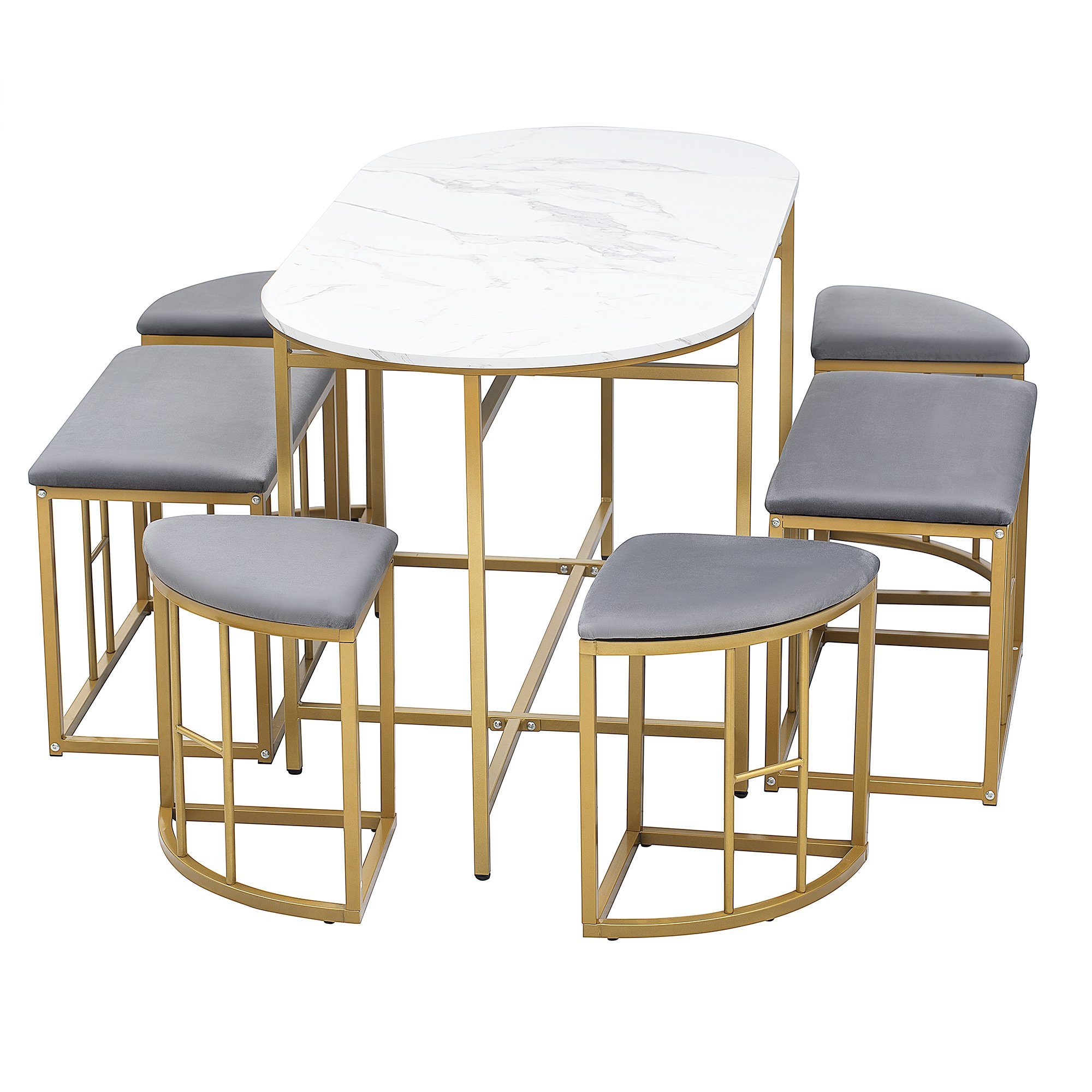 Essgruppe, (Küchentisch Set, 7-tlg., Esstisch mit 6 Hockers), Tisch in Marmoroptik, Samt Hocker, Stahlrahmen