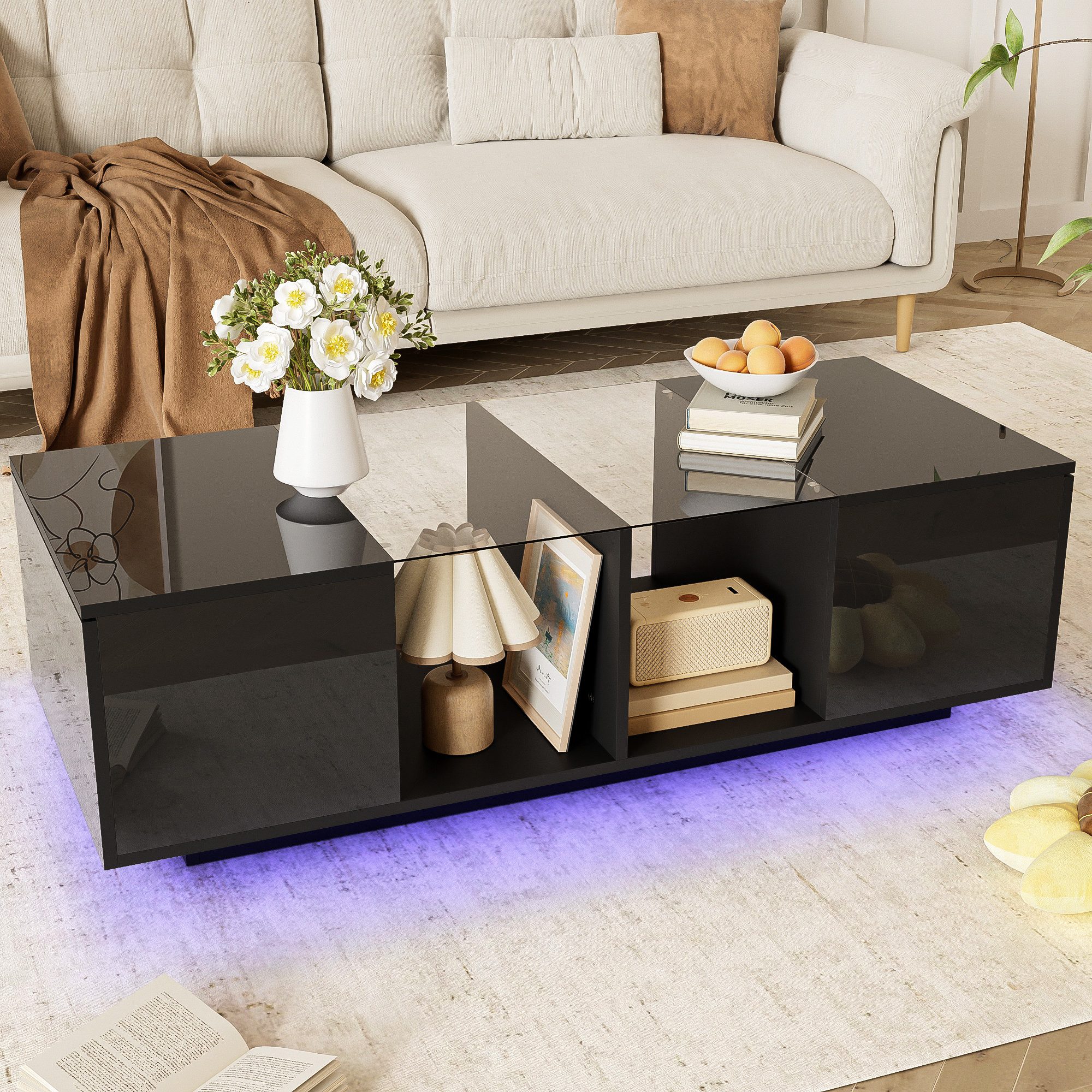 Merax Couchtisch hochglanz mit LED-Beleuchtung und Stauraum (mit offenem Stauraum), Wohnzimmertisch Beistelltisch mit Glastischplatte, Breit: 120cm