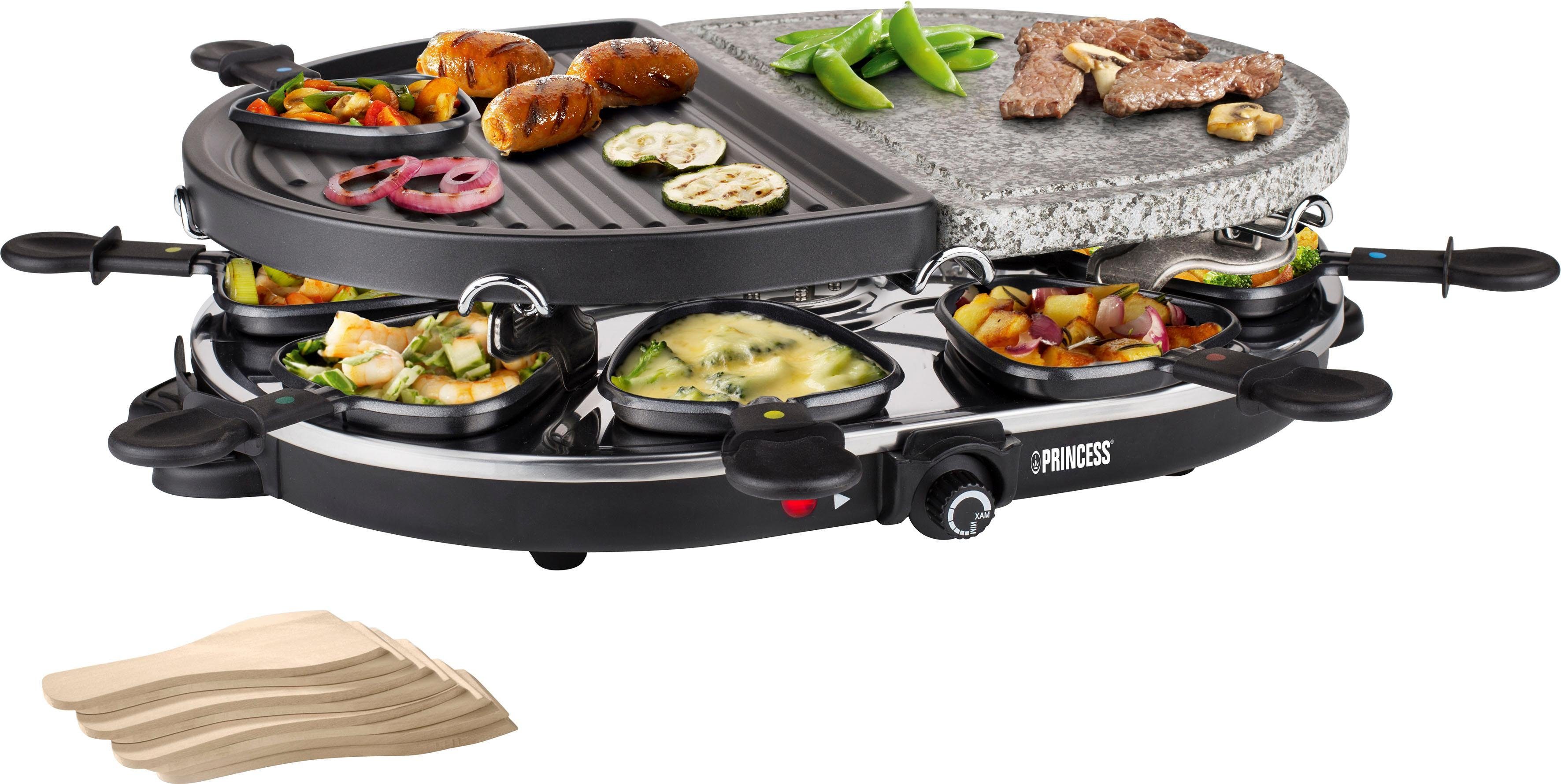 PRINCESS 162710, 8 Raclette 1200 8 & Oval Party Stone W - Raclettepfännchen, Grill