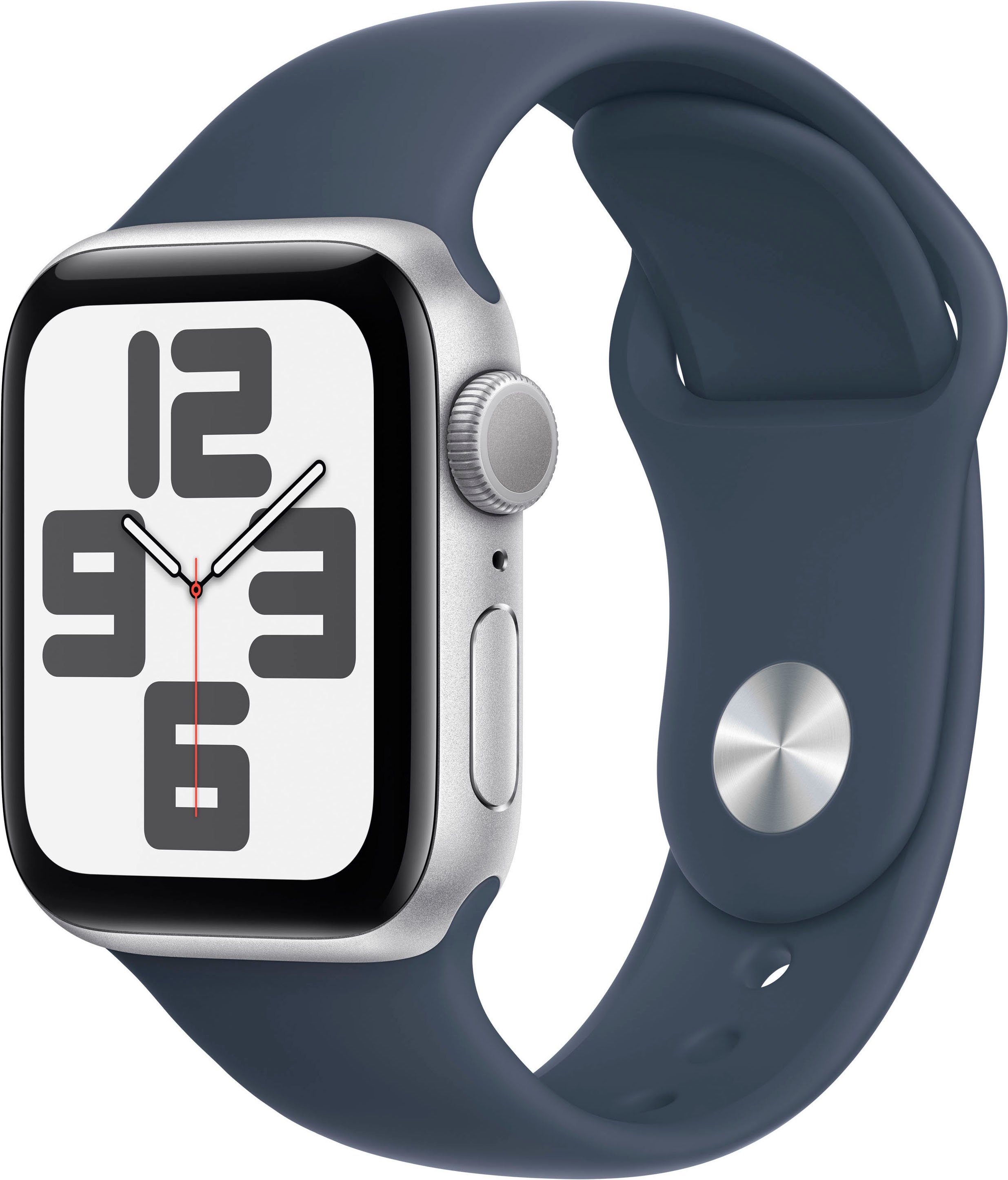 Apple Watch SE GPS 40 mm Aluminium M/L Smartwatch (4 cm/1,57 Zoll, Watch OS 10), Sport Band Sturmblau | Silber