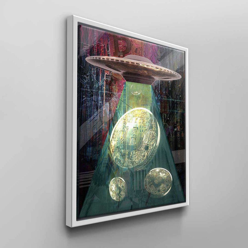 DOTCOMCANVAS® Wandbild Gold Rahmen Kryptowährung Geld Aliens, Bitcoin Alien Schiff Business Rosa Leinwandbild Bitcoin ohne