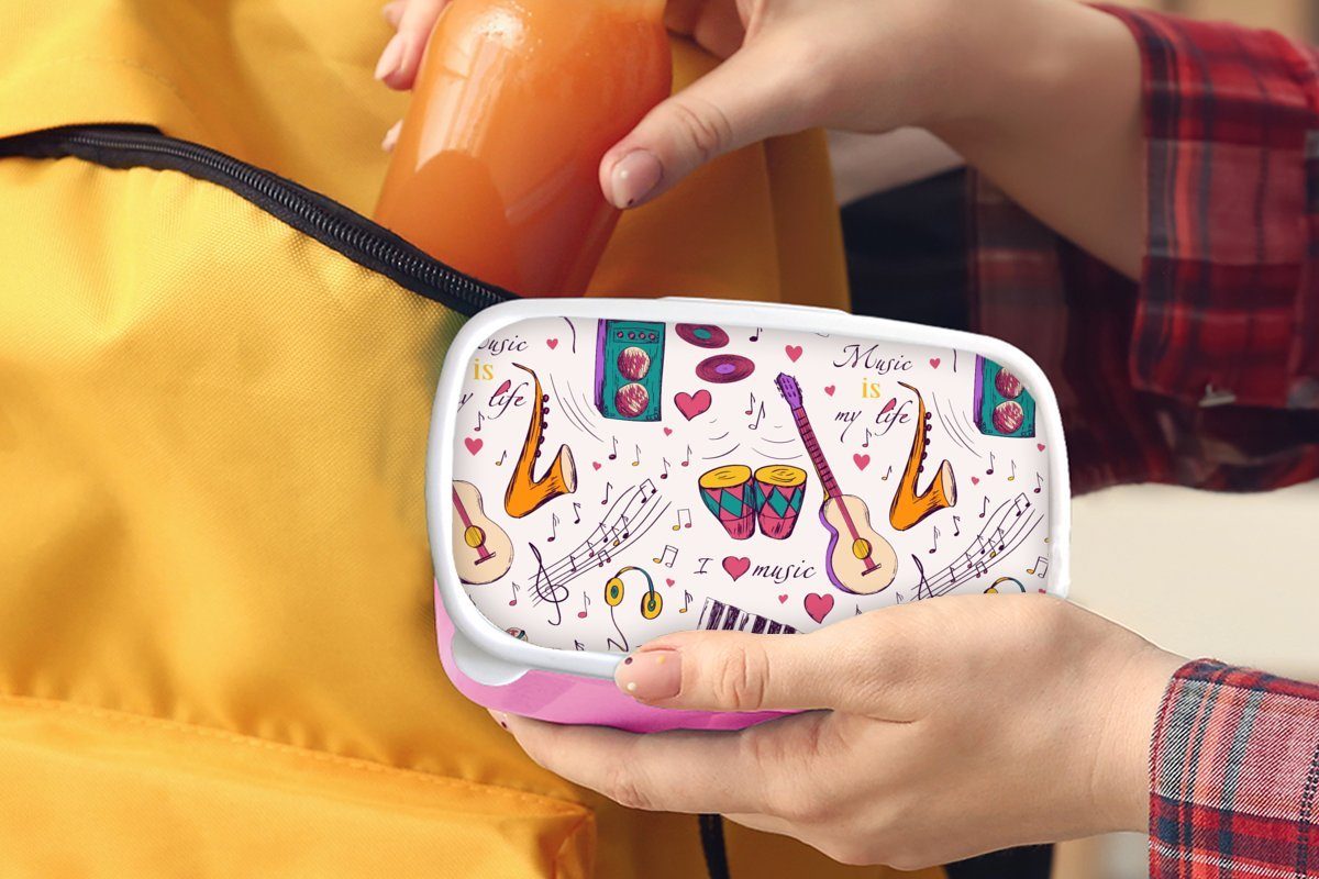rosa Brotbox Snackbox, Kunststoff, Kunststoff Musik - MuchoWow Lunchbox Kinder, für Brotdose - Zitate, Mädchen, Erwachsene, (2-tlg), Instrumente