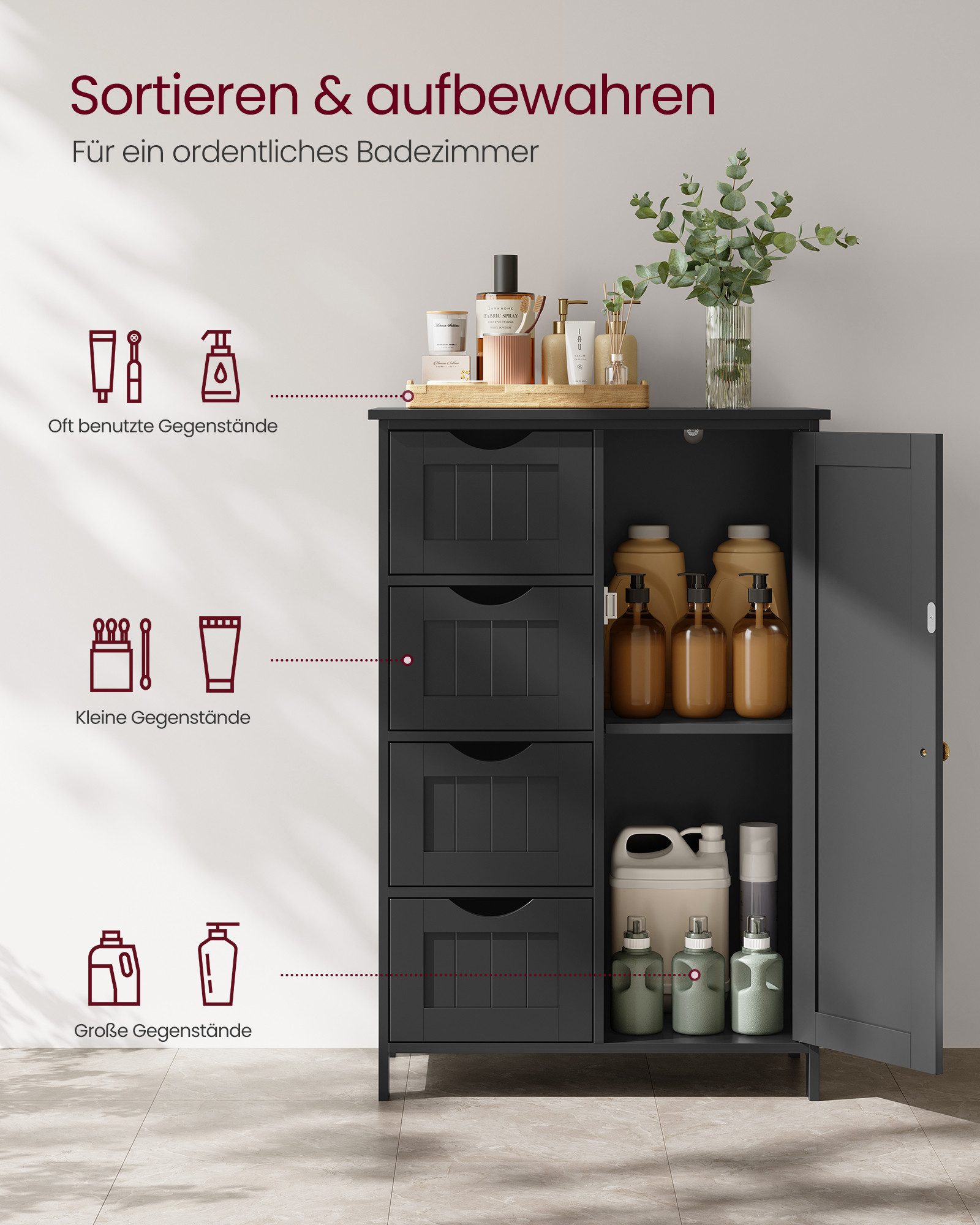 VASAGLE Badmöbel-Set Badezimmerschrank Badschrank Beistellschrank,verstellbare Ablage, mit 4 Schubladen, Schranktür,30 x 55 x 82 cm, Kommode – Bild 5 von 5