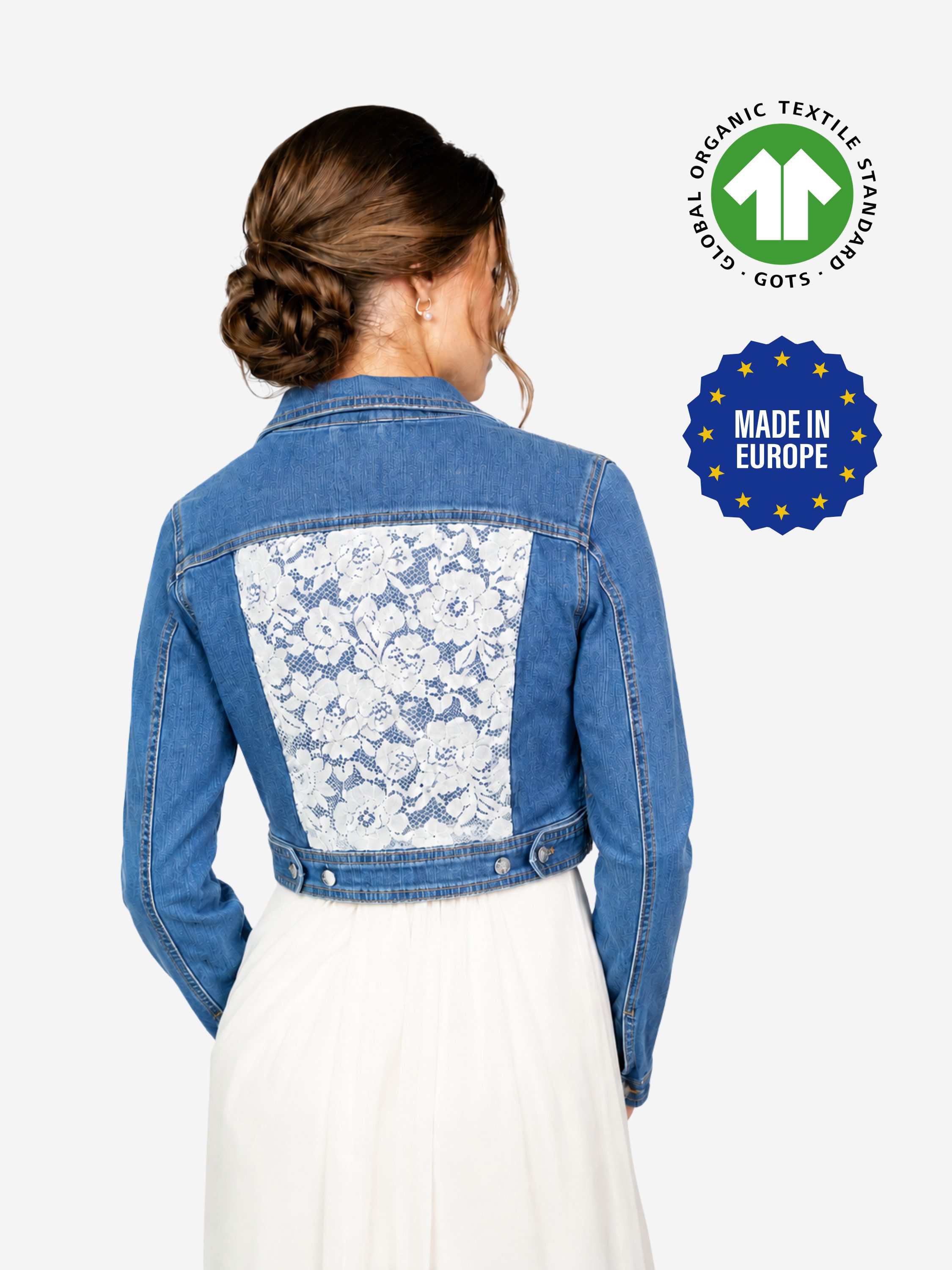 ANNIS WIESBADEN EST. 2021 Jeansjacke Premium Brautjacke (made in Europe) mit Spitzenrücken und Bestickung
