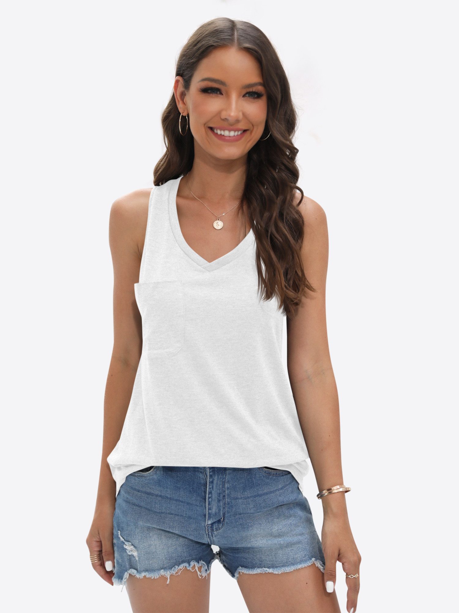 Imily Bela Tanktop Damen Ärmellos mit V-Ausschnitt Brusttasche Basic abgerundetem Saum (Packung, 1-tlg., 1per-Pack) in Unifarbe