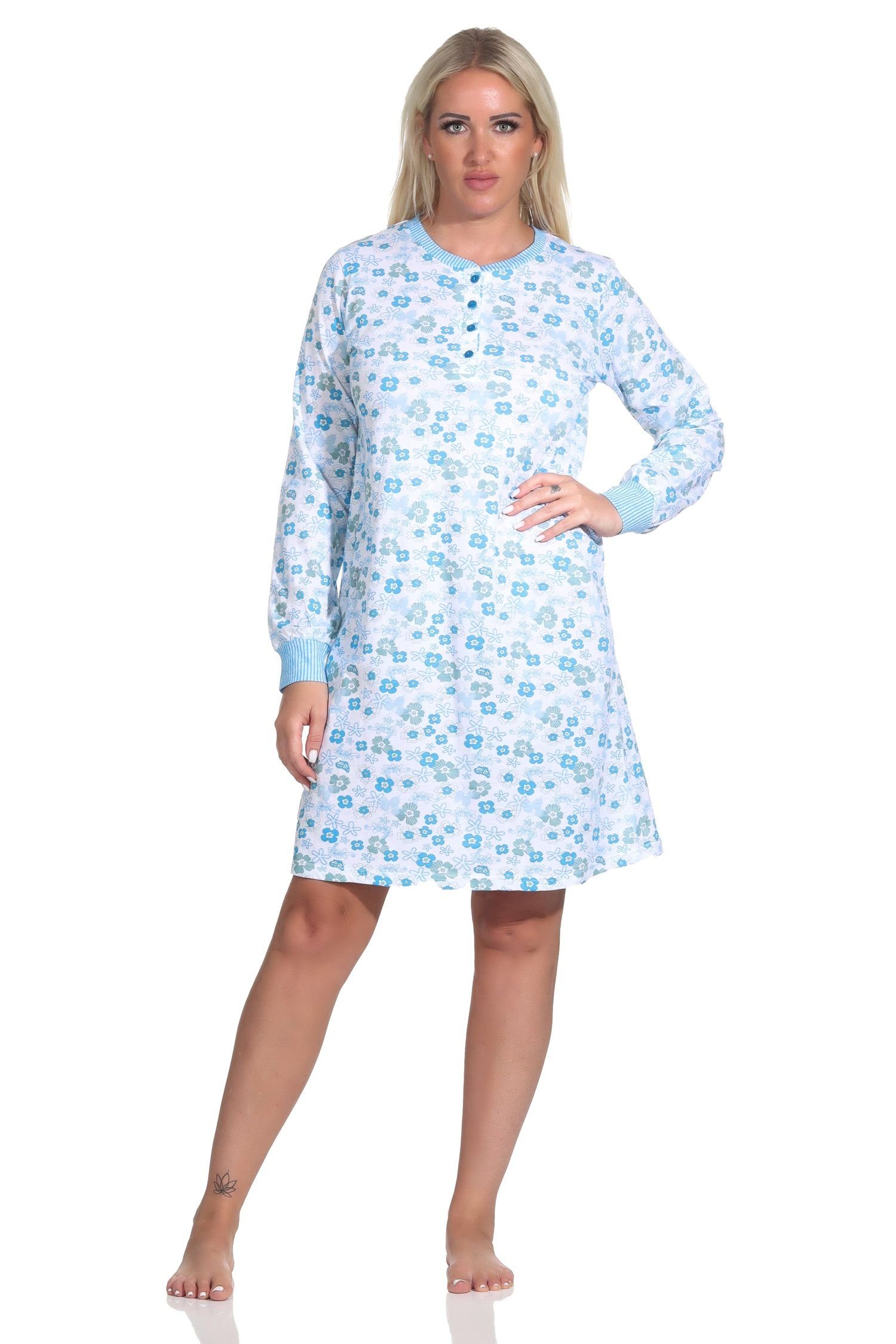 Normann Nachthemd Damen Nachthemd langarm mit Bündchen an den Ärmeln in floraler Optik blau