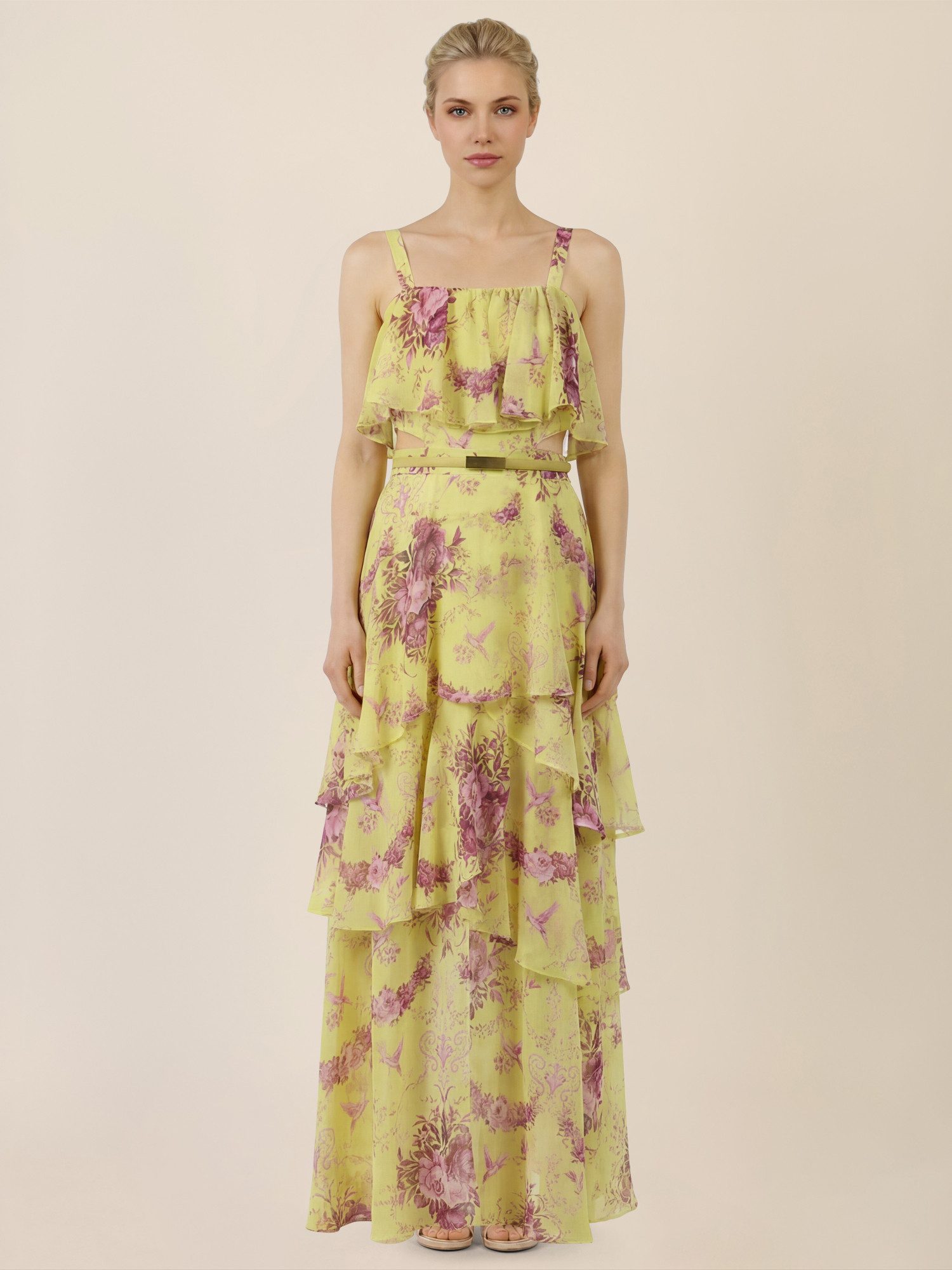 Apart Chiffonkleid mit Volants und floraler Eleganz