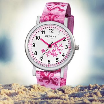Regent Quarzuhr Regent Kinder-Armbanduhr rosa pink weiß, (Analoguhr), Kinder Armbanduhr rund, klein (ca. 29mm), Textilarmband