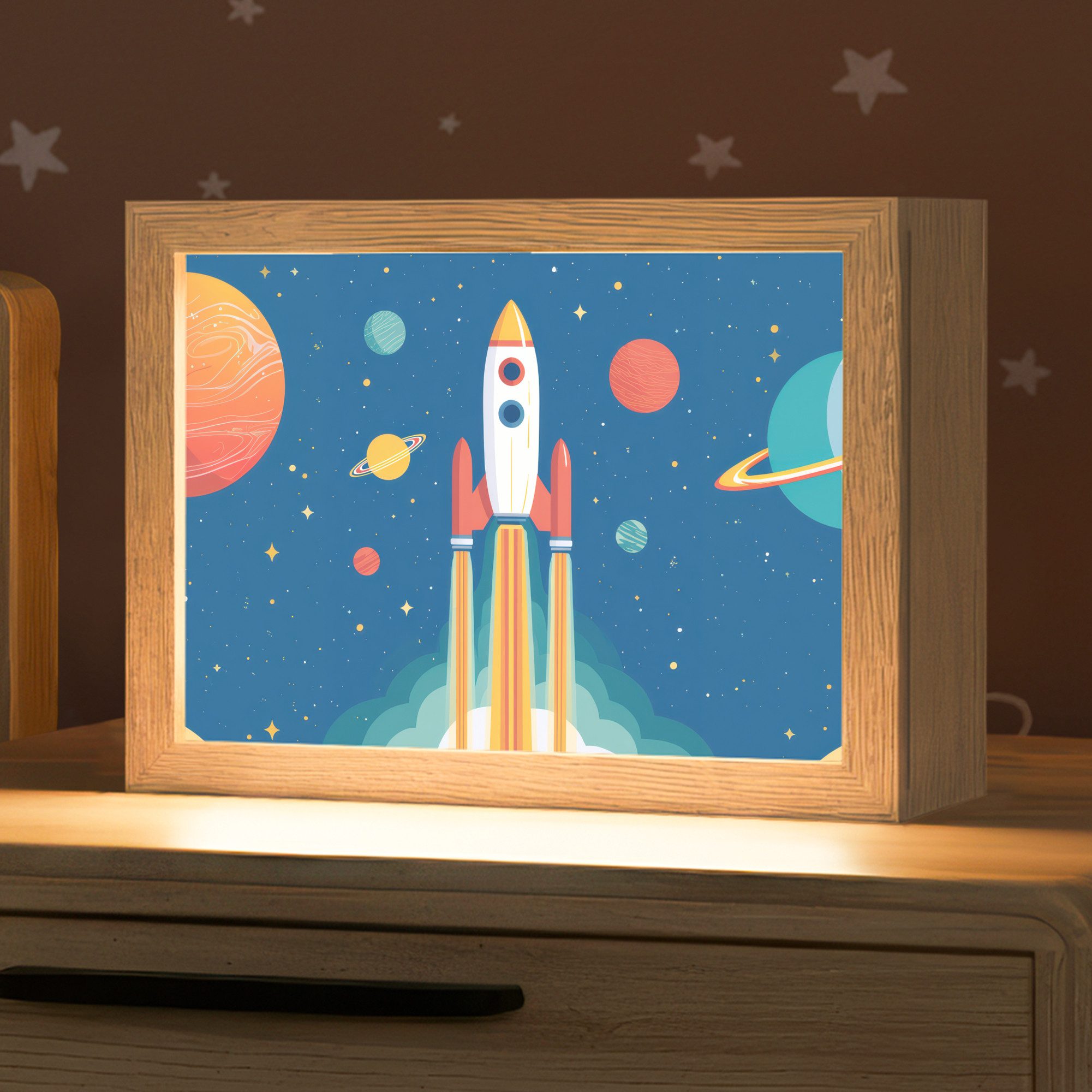 OnlyWow Nachttischlampe Lightbox Rakete - Planeten - Weltraum - Jungen, Dimmbar, Farbwechsel, LED, Warmweiß, Kaltweiß, Neutralweiß Einstellbar, Nachtlicht, Kinder- und Babyzimmer, Dimmbar, mit Kabel, Tischleuchte von OnlyWow