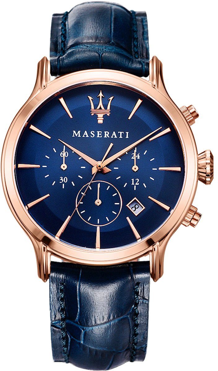 MASERATI Chronograph Maserati Herren Uhr Chronograph, Herrenuhr rund, groß ( ca. 42mm) Lederarmband, Made-In Italy, rosegoldene Zeiger und Indizes