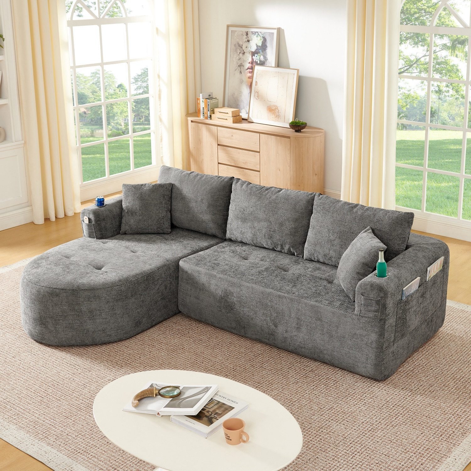 ANYSUN Ecksofa L-förmiger als Cloud Couch,Sofa Ecksofa, mit hitzebeständigem Edelstahl-Becherhalter sowie atmungsaktivem & strapazierfähigem Leinen, Modulares Sofa Set für kleine Wohnzimmer, Apartments und Büros