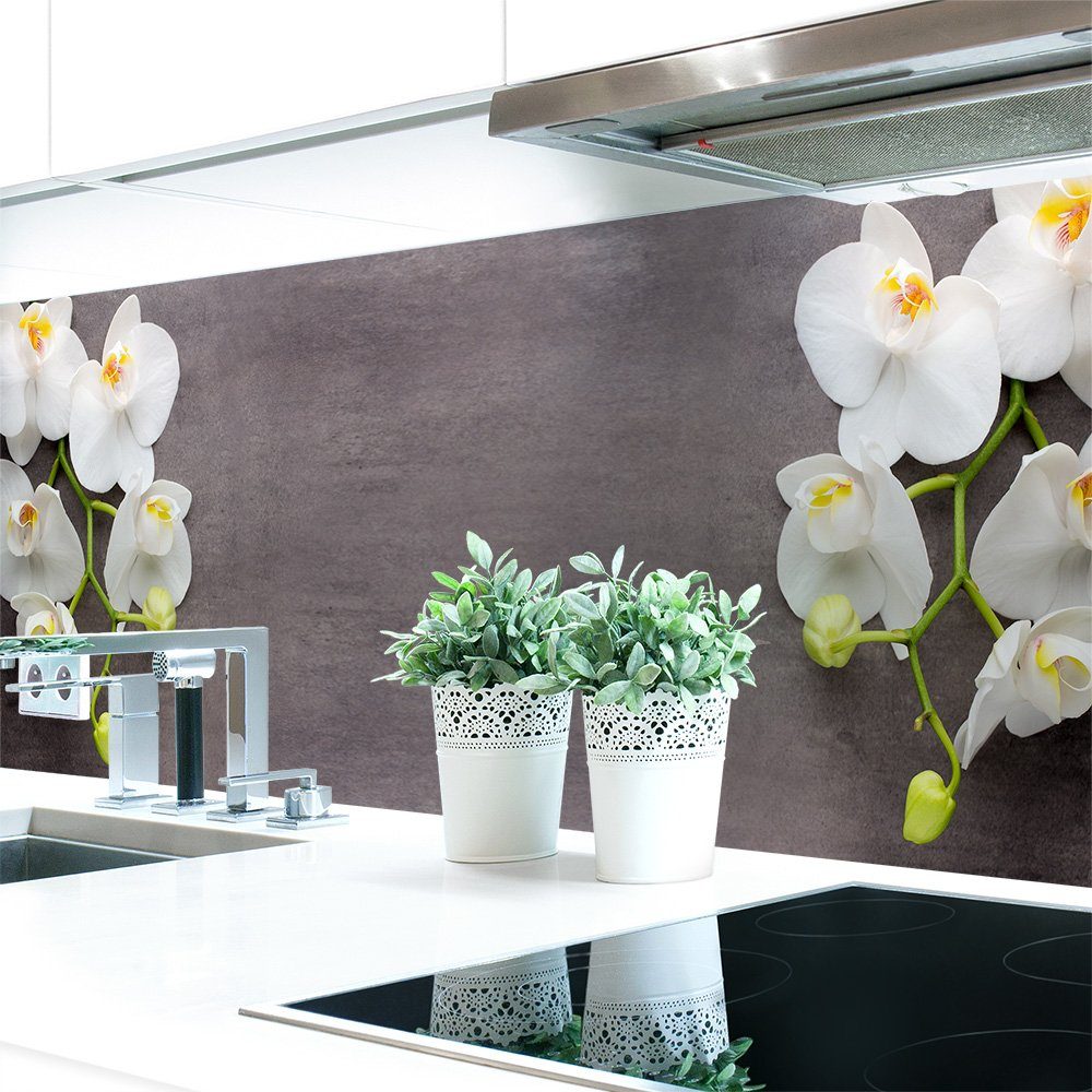 DRUCK-EXPERT Küchenrückwand Küchenrückwand Orchideen Zweig Premium Hart-PVC 0,4 mm selbstklebend
