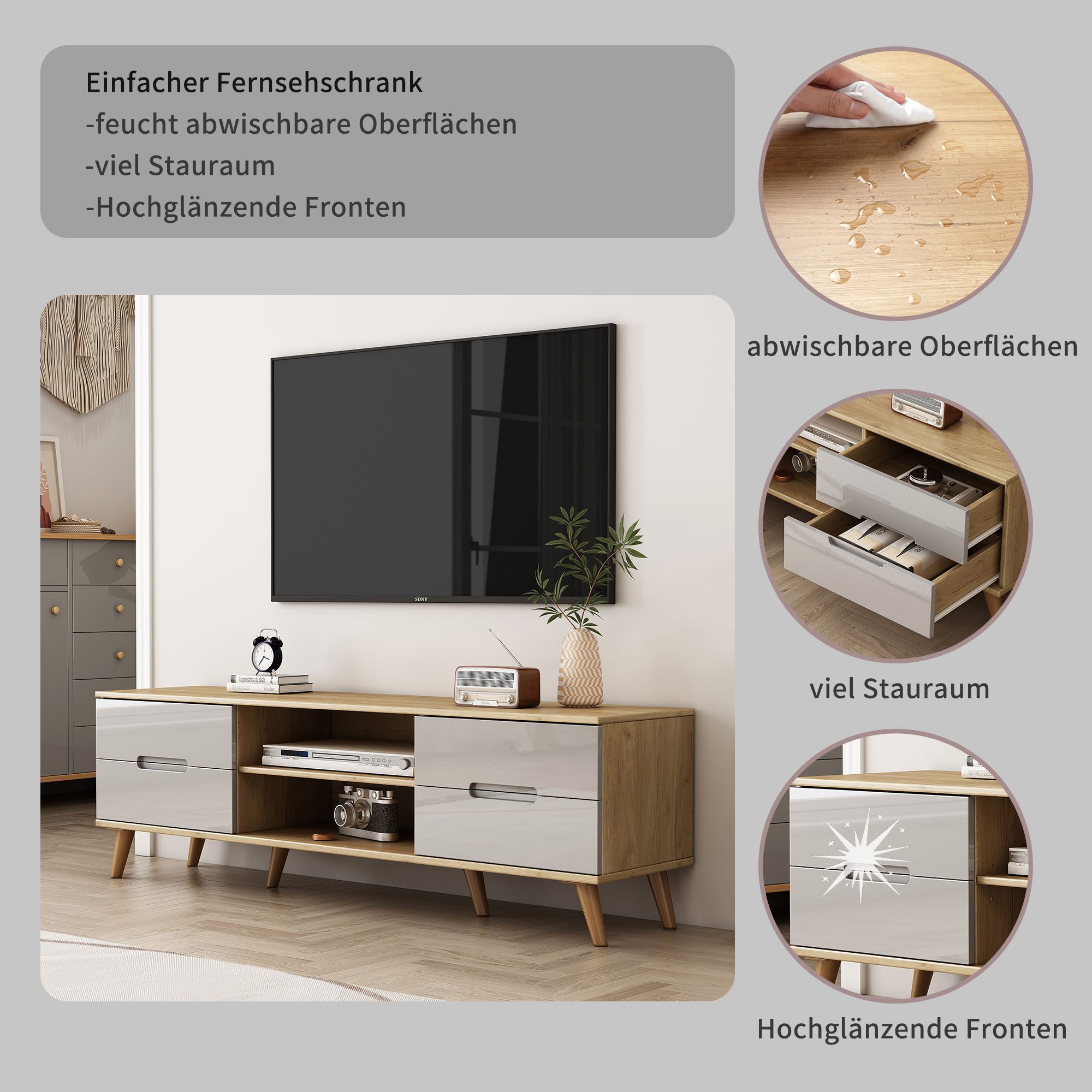 OTTO home TV-Board Lund, glänzende Fronten, Kabeldurchführung, helles Holzdekor, Breite 160 cm