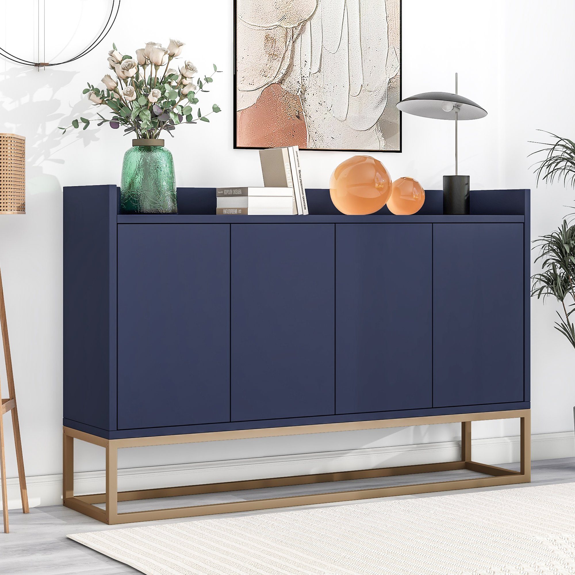 für im Wohnzimmer, Sideboard Küchenschrank Küche) Buffetschrank Stil (griffloser blau minimalistischen Modernes Anrichte, OKWISH Esszimmer, 4-türiger