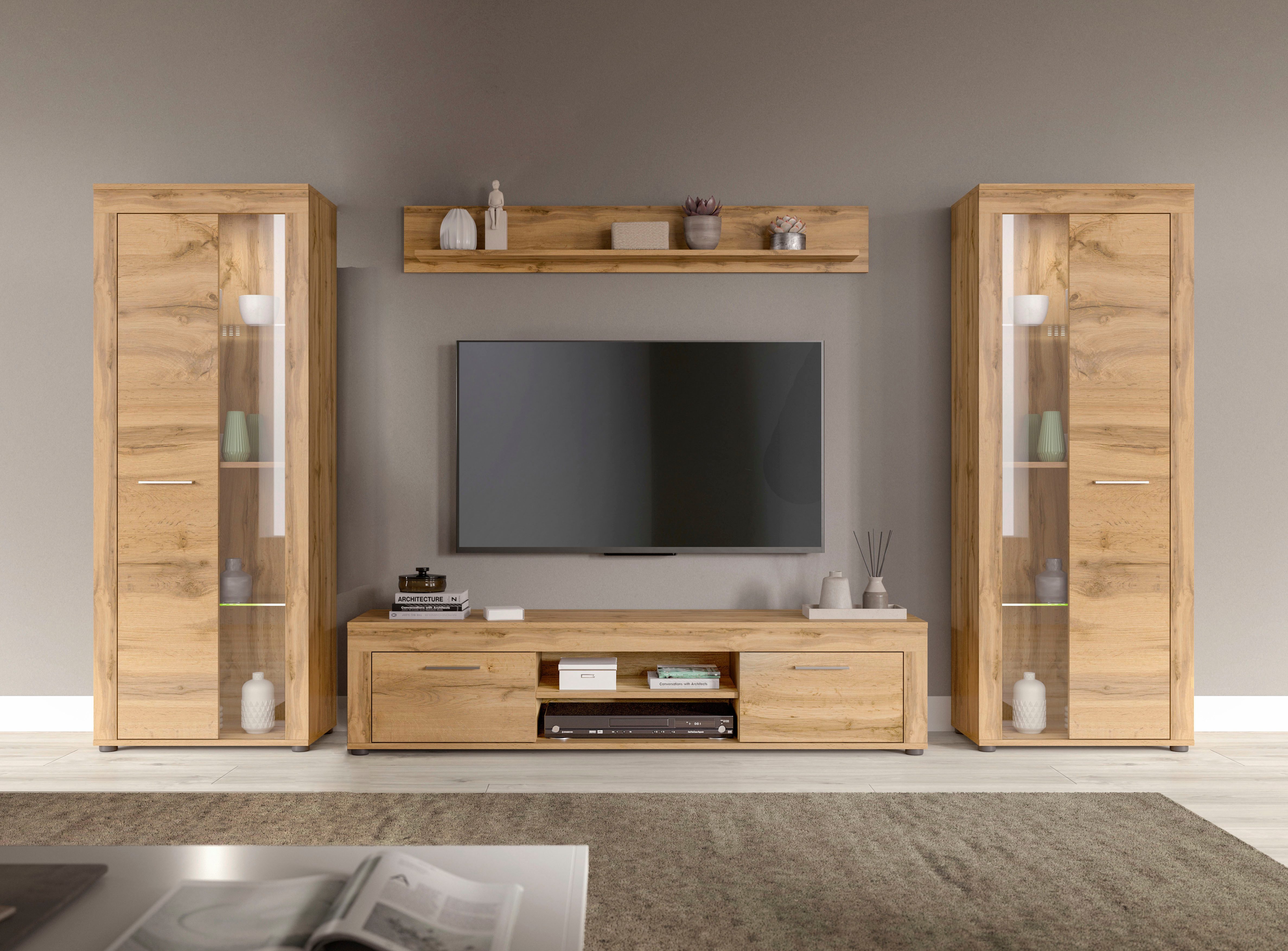 INOSIGN Wohnwand Aosta, Breite 310cm, best. aus: 2x Vitrine, Lowboard, Wandboard, Wohnwand, Kombination, Anbauwand, Мебель Set, Schrankwand, Мебель Kombi