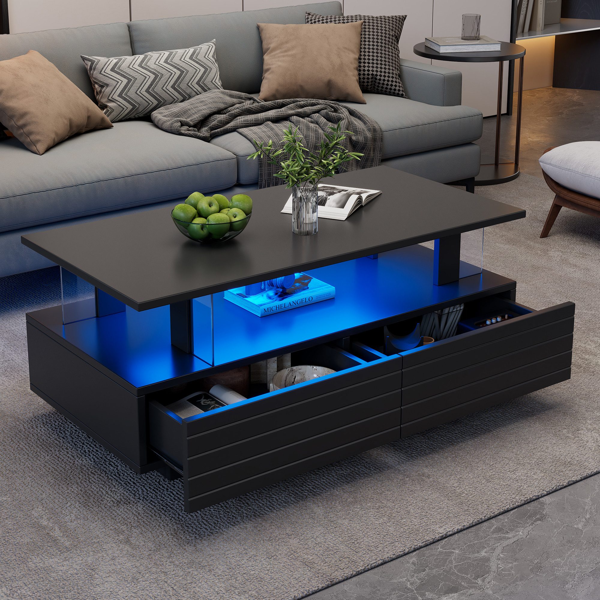 STILVORA Couchtisch schwarz Acryl-LED-wohnzimmertisch mit Bluetooth-Handy-App-Steuerung (Satztisch, Beistelltisch, 1-St., 2 Schubladen), Acryl-LED-wohnzimmertisch, mit Bluetooth-Handy-App-Steuerung
