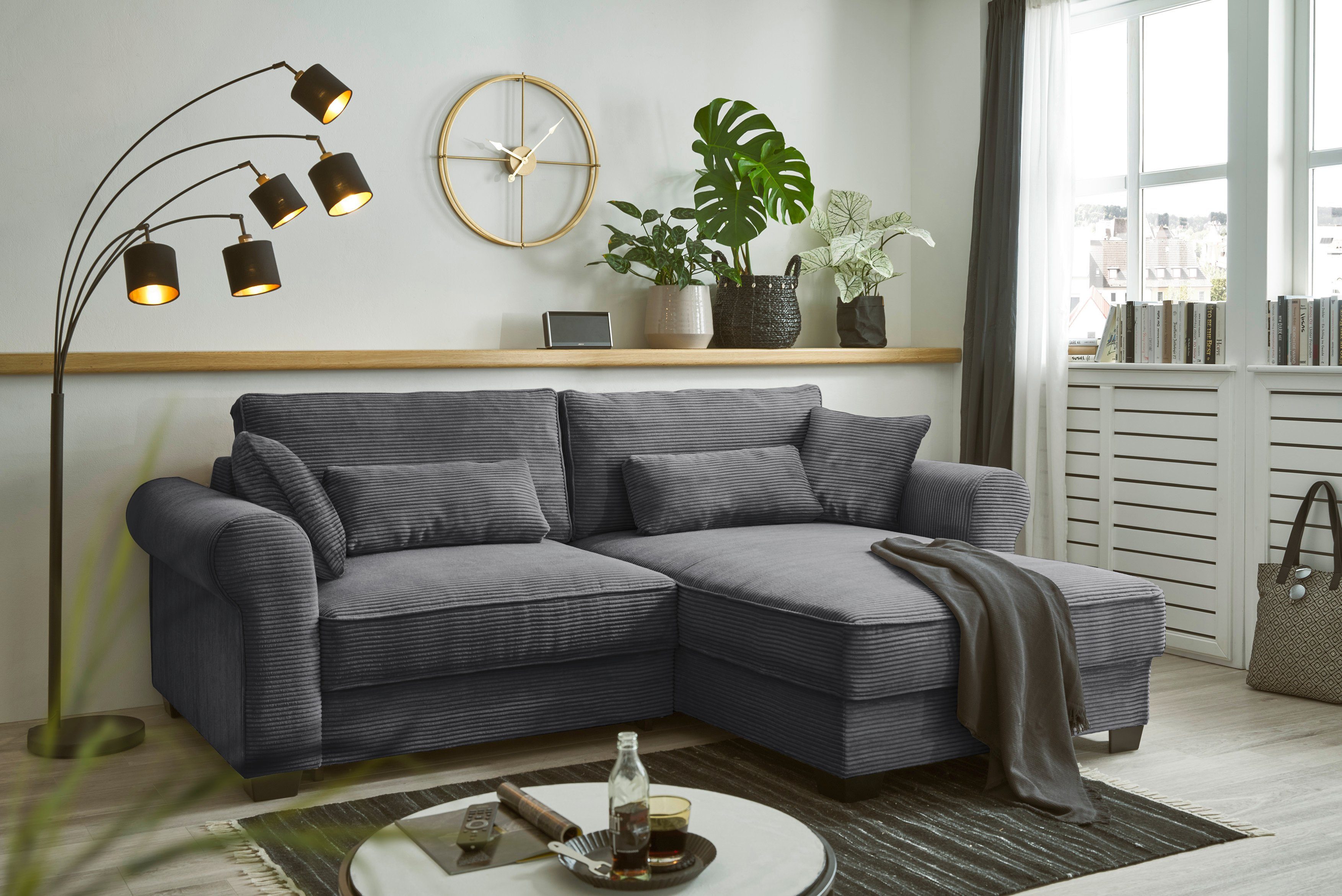 und Bettfunktion EXCITING ED Zierkissen Ecksofa Angelina, Nieren- DESIGN sowie Rücken-, Bettkasten, mit und dunkelgrau