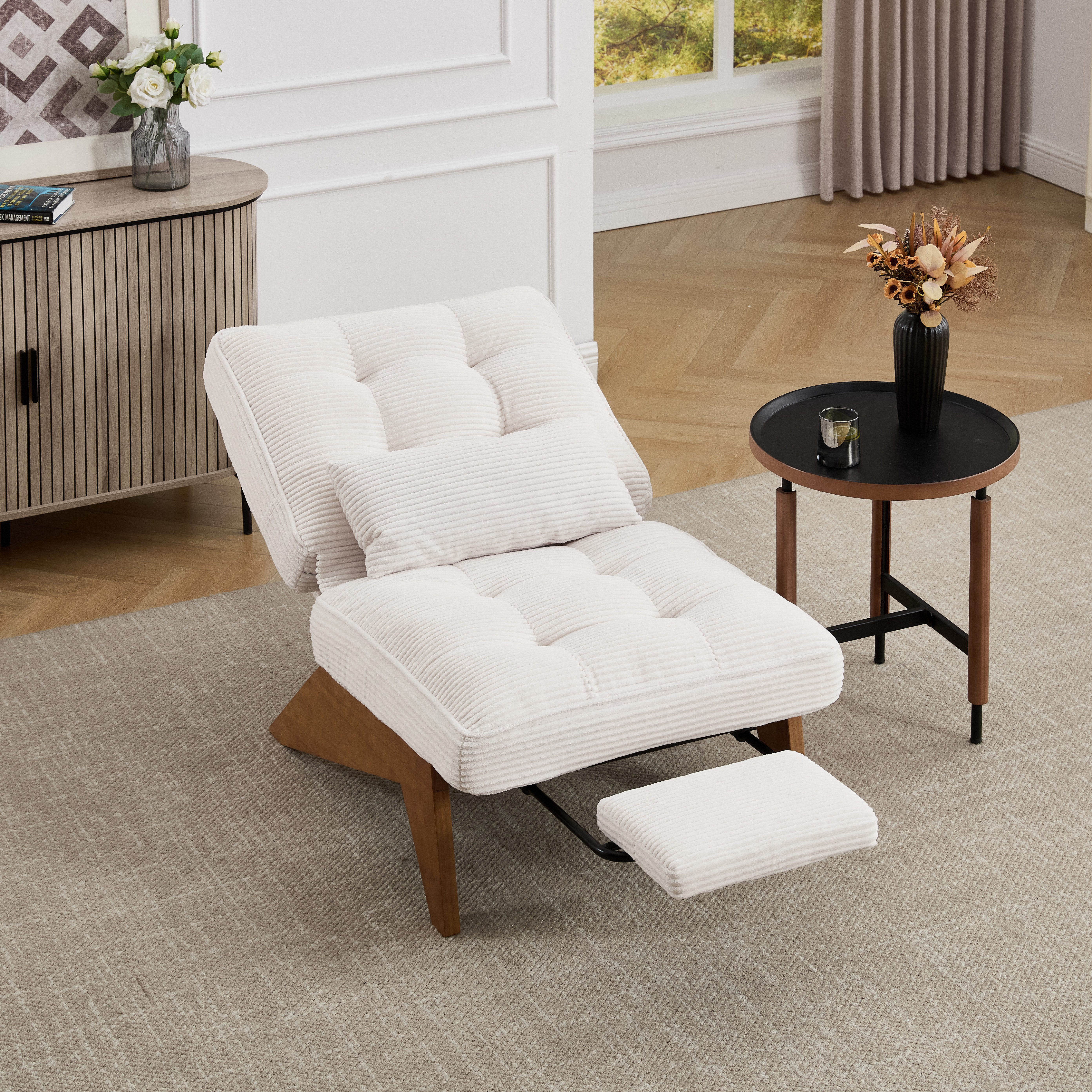 Odikalo Loungesessel Relaxsessel Einzelsessel (Moderner verstellbarer rückenfreier Loungesessel aus Stoff mit Fußstütze mit Lendenkissen und Holzbeinen für Wohnzimmer/Schlafzimmer/Studierzimmer (beiger Cord)