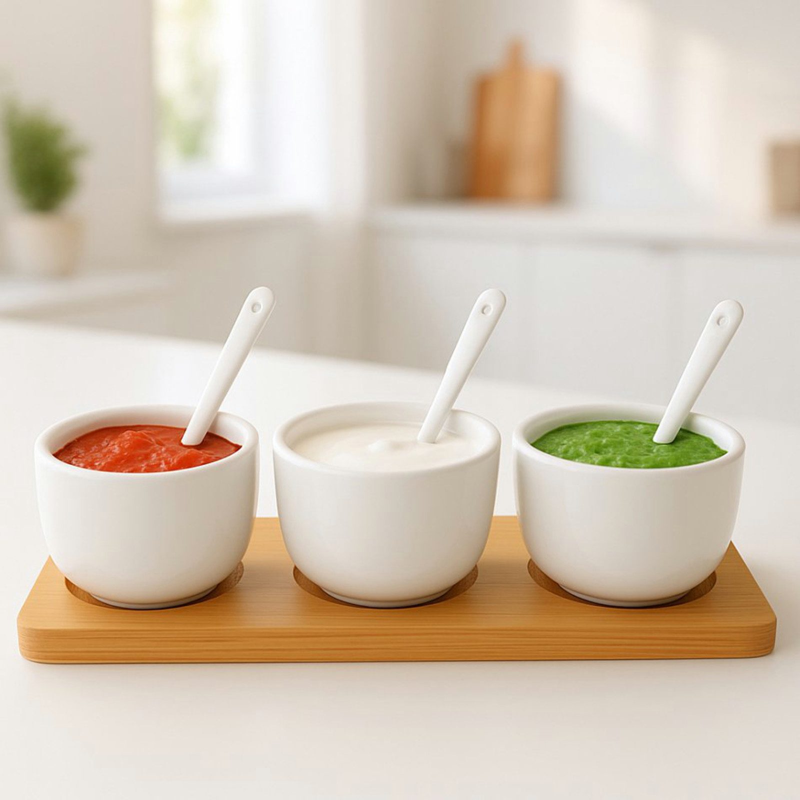 Koopman Servierschale Dipschale Soßenschale Snackschale Serviertablett Tablett 22x8x6cm, Keramik, (Set, 7-tlg), 7tlg, Inkl. Löffel, Keramik, Bambustablett, 3 Schalen