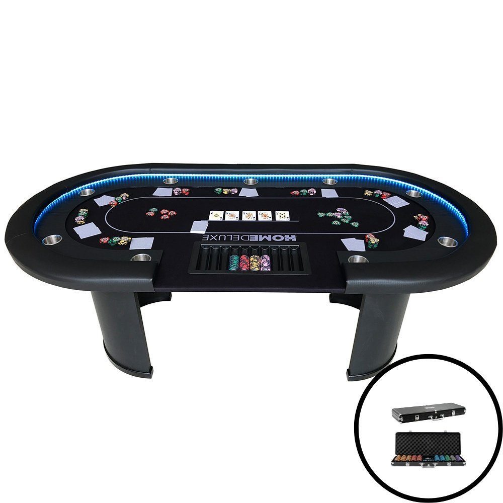 HOME DELUXE Spieltisch Pokerset / Pokertisch CASINO 215 x 106 x 78 cm, (inkl. 500 Pokerchips, Getränkehalter & Chiptray), mit LED Beleuchtung & für 9 Personen I Poker Tisch