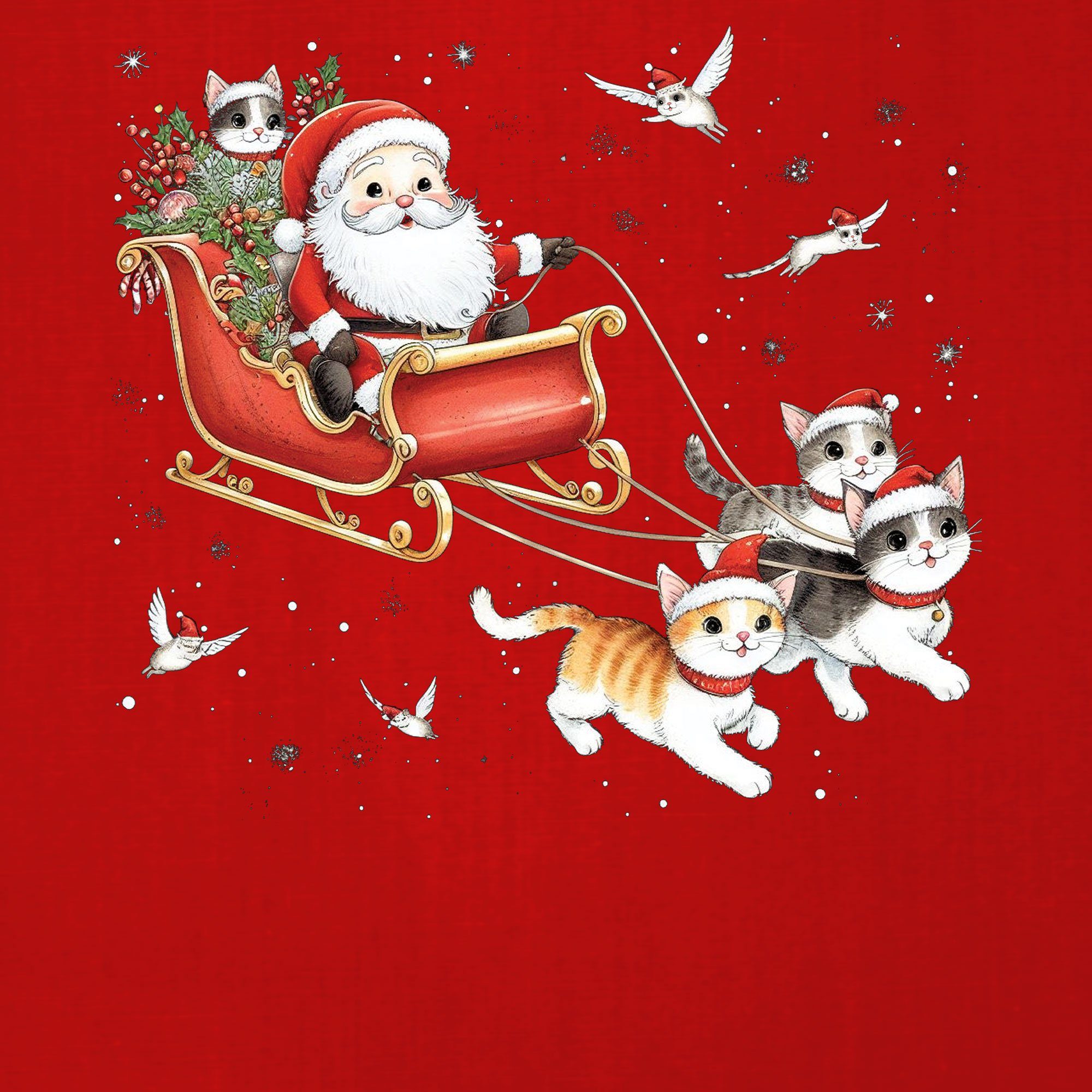 (1-tlg) Kurzarmshirt Weihnachten Quattro Weihnachtsgeschenk Nikolaus - Katzen Weihnachtsschlitten Rot Formatee