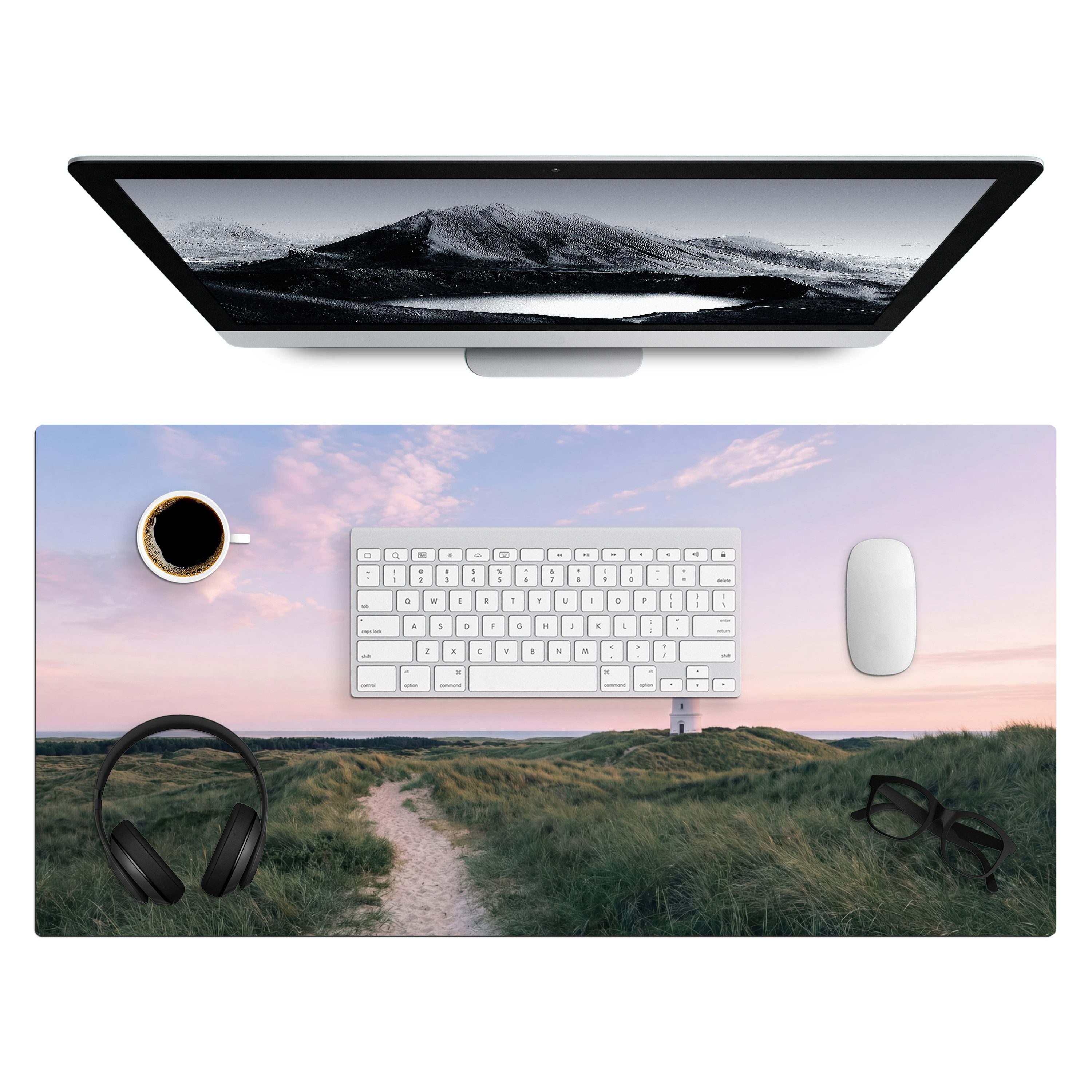 MuchoWow Gaming Mauspad Leuchtturm - Dünenlandschaft - Meer (1-St), Gaming Mauspad XXL, Schreibtischunterlage, Desk Mat Groß, 80x40 cm