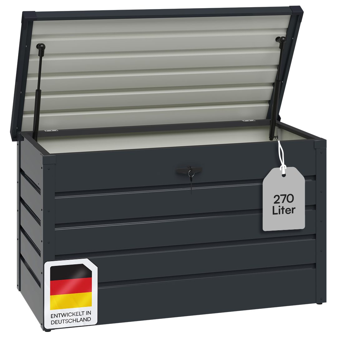 STEELSØN Auflagenbox Dorado Gartenbox aus verzinktem Metall, wasserdicht, abschließbar (Anthrazit, 270 Liter), Outdoor Box lackiert, Aufbewahrungsbox mit klappbarem Deckel
