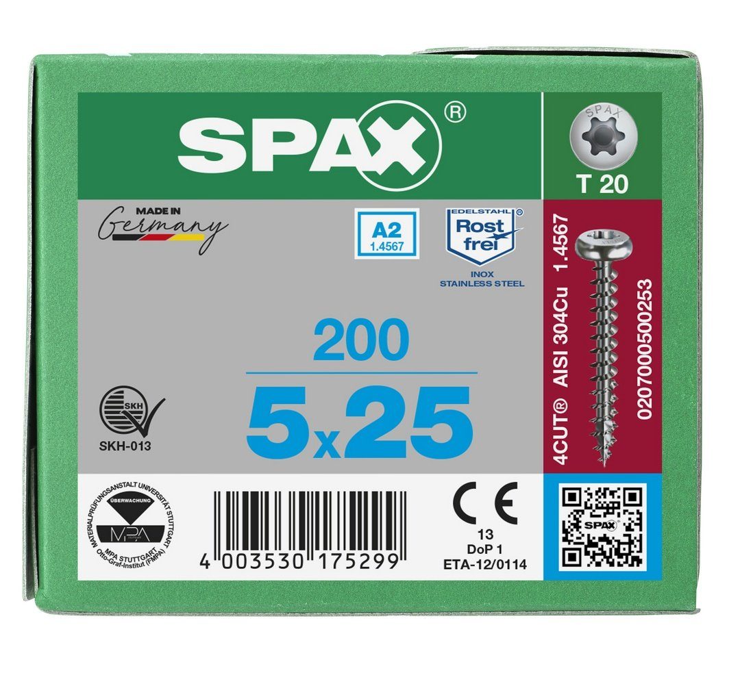 SPAX Spanplattenschraube Edelstahlschraube, St), 200 (Edelstahl mm 5x25 A2