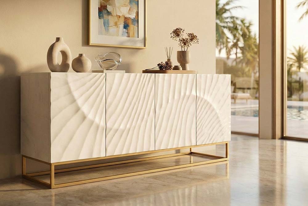 riess-ambiente Sideboard SCORPION 180cm weiß/gold - Mangoholz, Metall, 3D-Schnitzerei, Anrichte, Massivholz-Kommode mit 4 Fächern - ideal für Wohn- und Esszimmer