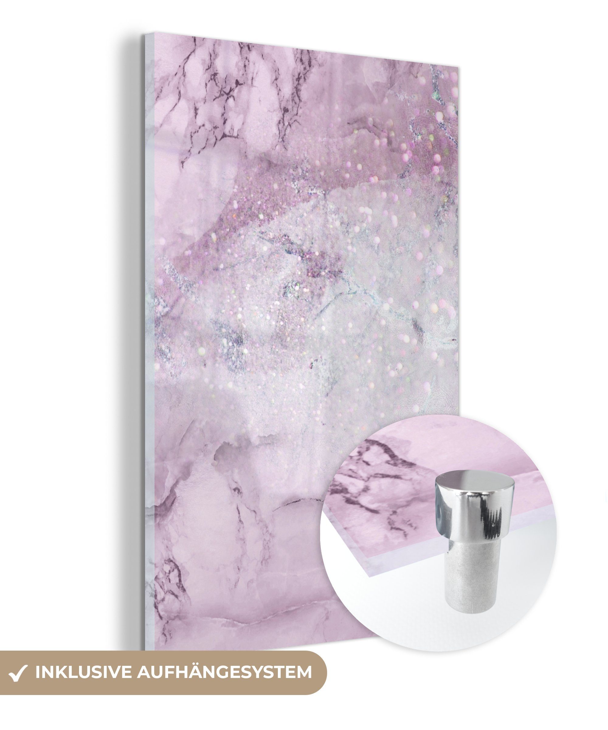 MuchoWow Acrylglasbild Marmor - Glitzer - Rosa, Inkl. Aufhängung, Dekorative Bild für Küche & Wohnzimmer auf Glas, 20x30 cm