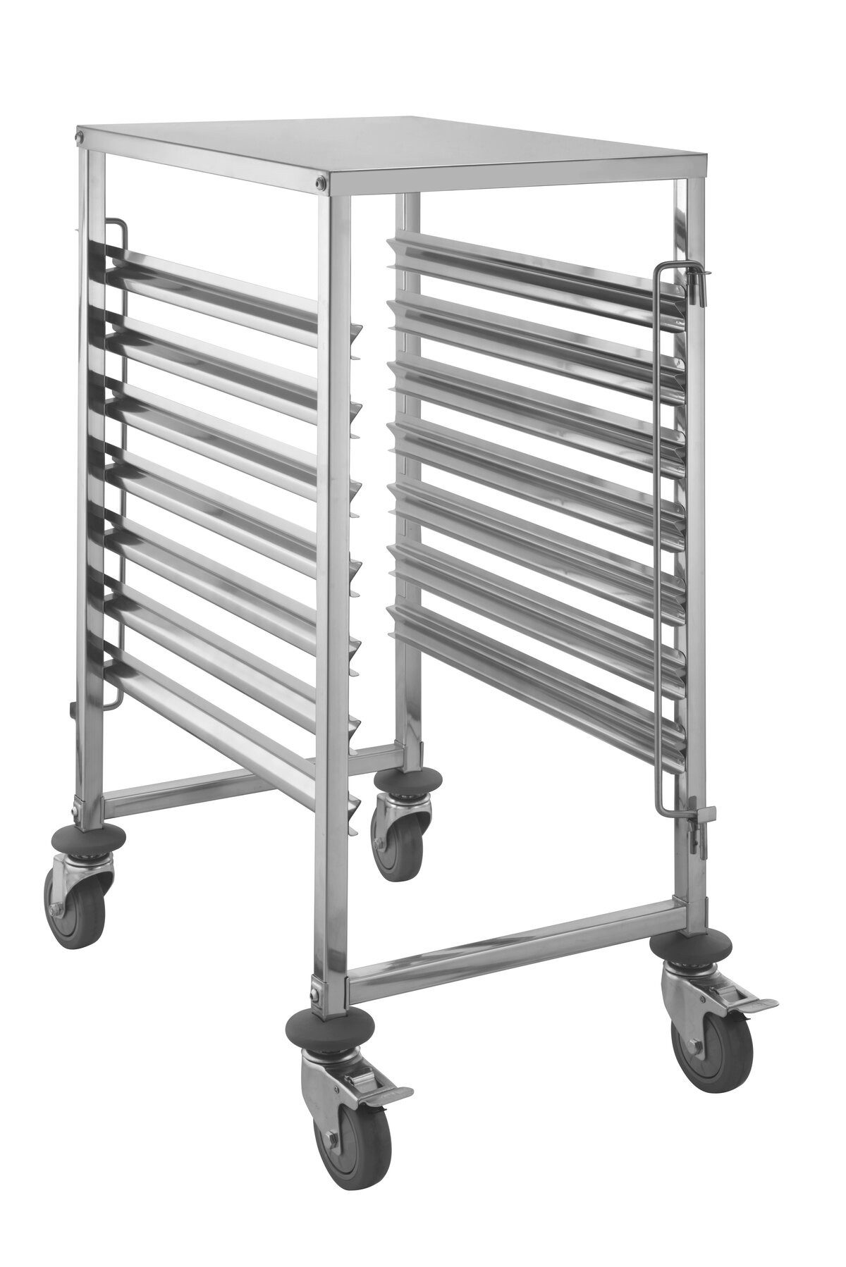 GastroHero Regaltransportwagen Regalwagen Edelstahl 7 Ebenen 600x400 mm mit Arbeitsplatte, Regalwagen mit Arbeitsplatte und M-Schienen