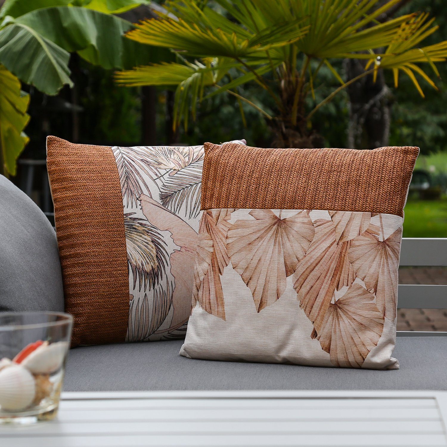 MARELIDA Dekokissen Garten Kissen Außen Outdoor wasserabweisend Farne 44cm Lounge beige