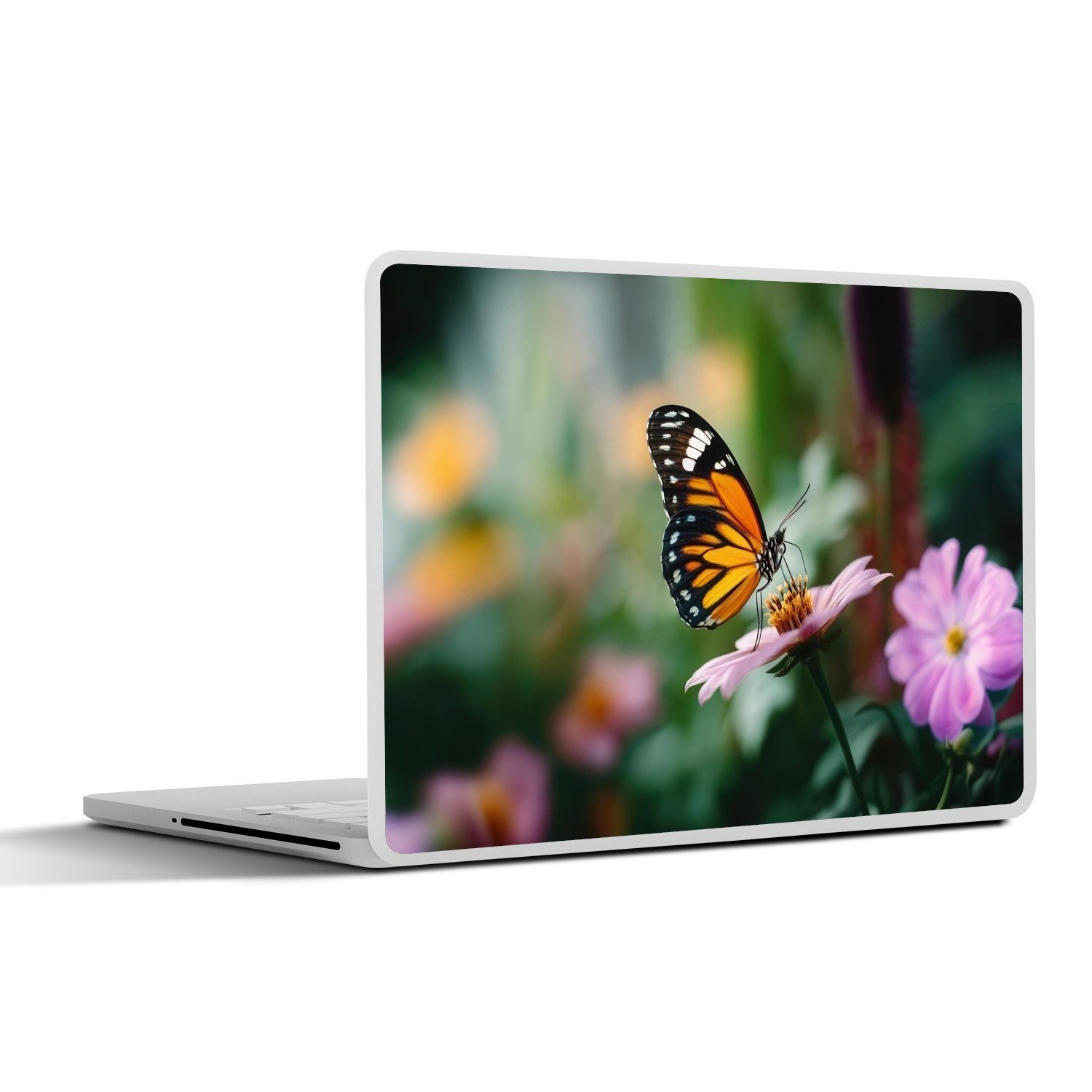 MuchoWow Laptop-Aufkleber Rosa Blumen - Schmetterling - Weichzeichner, (1tlg), Laptop Folien Cover, Aufkleber, Sticker, Schutz vor Kratzern, 30x21 cm