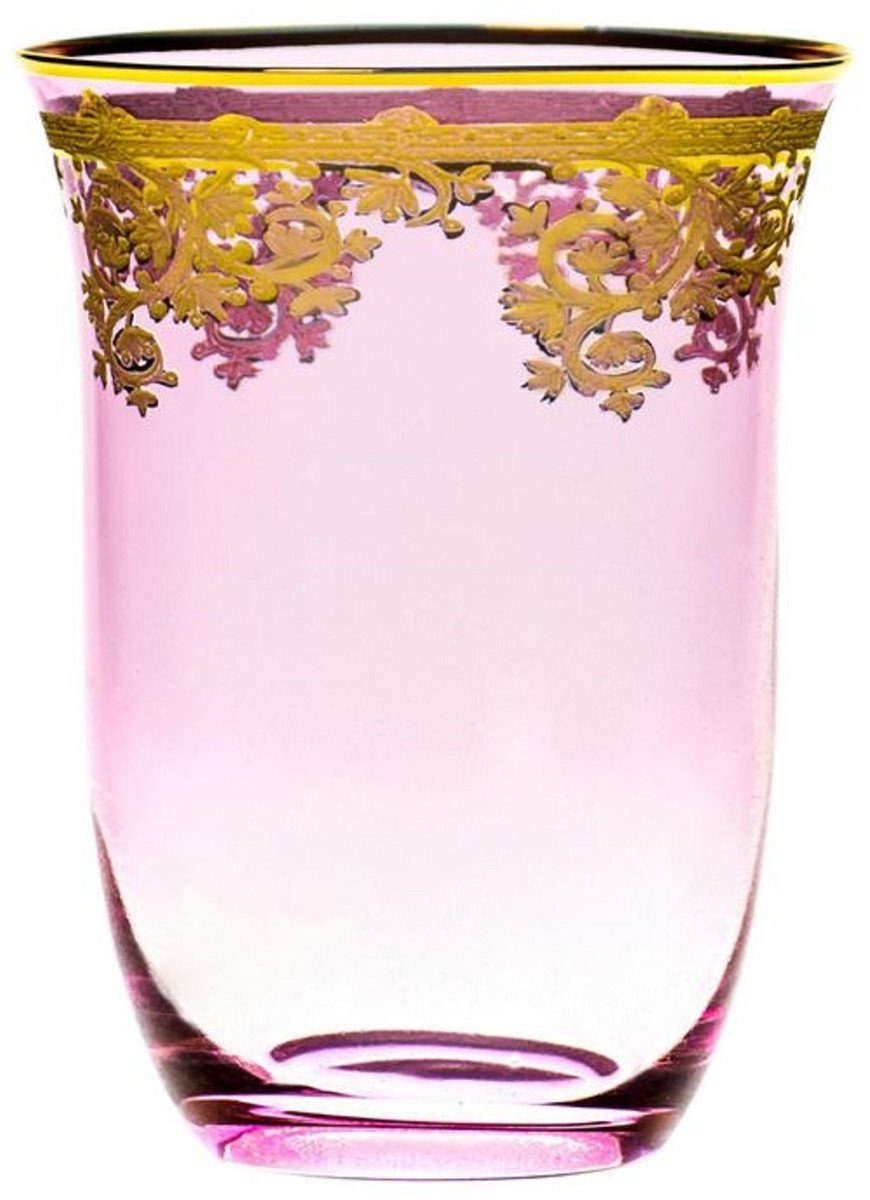 Casa Padrino Glas Luxus Barock Wasserglas 6er Set Rosa / Gold Ø 9 x H. 12 cm - Handgefertigte und handbemalte Wassergläser - Biergläser - Weingläser - Hotel & Restaurant Accessoires - Luxus Qualität