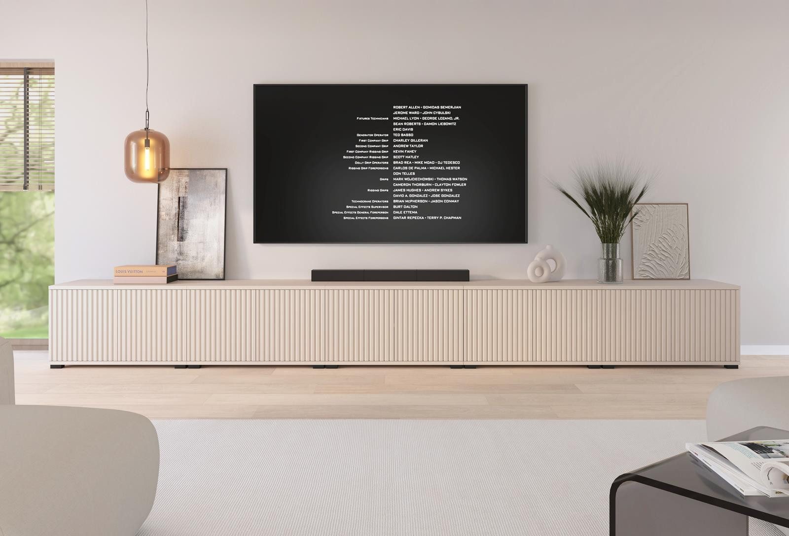 Compleo TV-Schrank Kaschmir 350cm breit, Lowboard oder Hängeschrank mit Lamellen