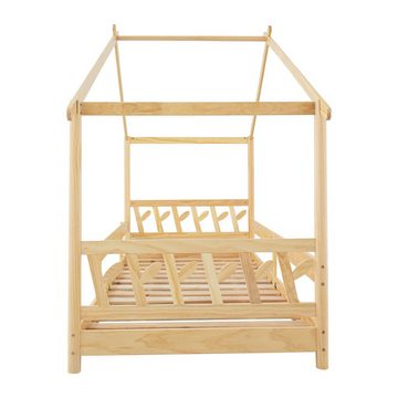 Fangqi Hausbett 90x190/200cm Massivholz mit Gitter, Lattenrost und Rausfallschutz (für Kinder und Jugendliche, Weiß/Natur)