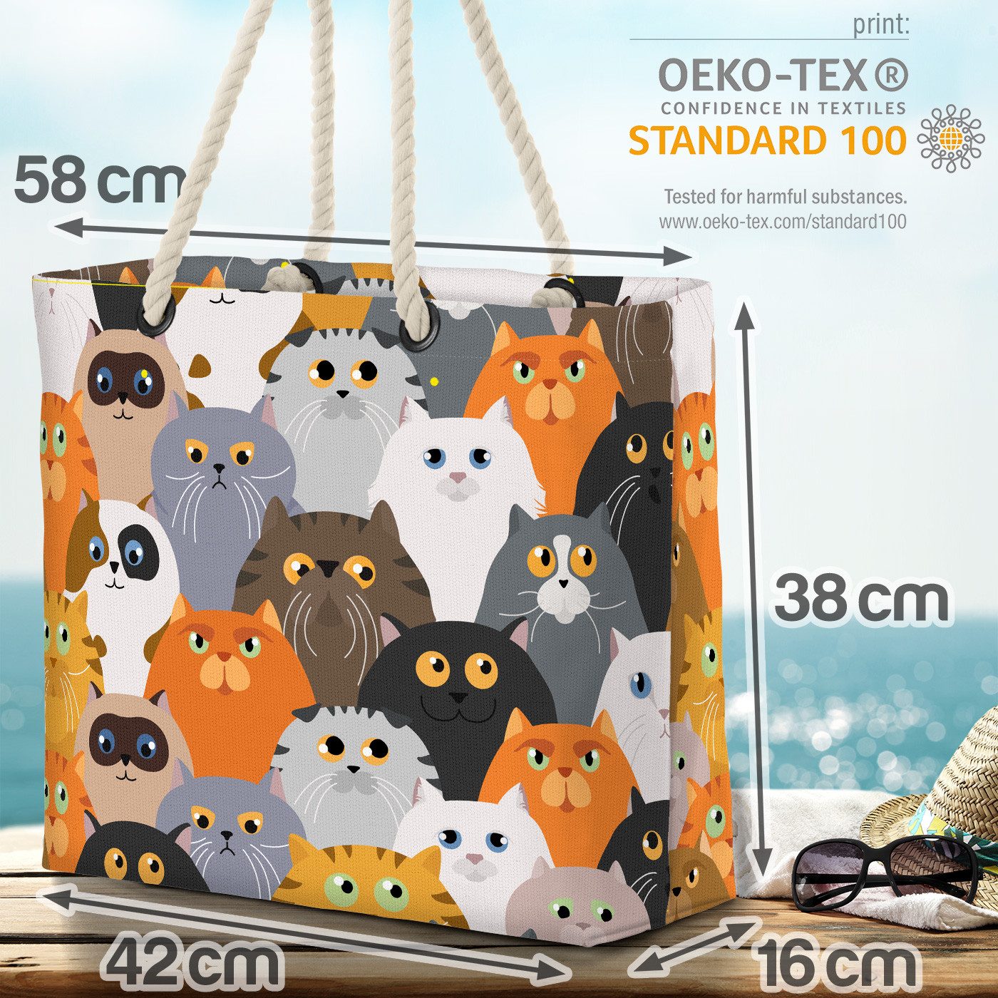 VOID Strandtasche (1-tlg), Cartoon Katzen Beach Bag Haus-Katze Wild-Katze gemustert Haus-Tier Su