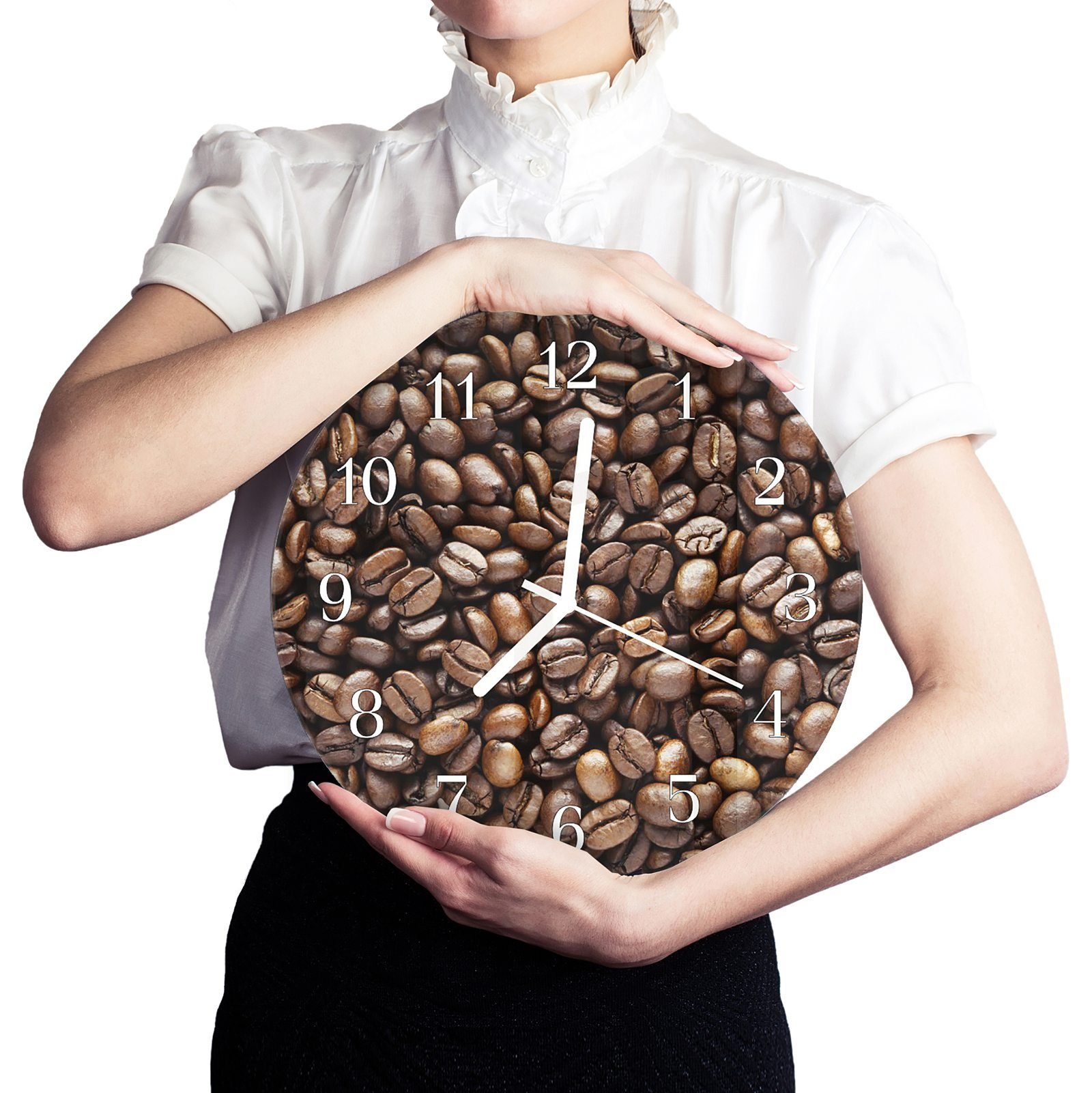 Primedeco Wanduhr Wanduhr aus Quarzuhrwerk mit und Kaffeebohnen Motiv Durchmesser mit Rund - cm 30 Glas