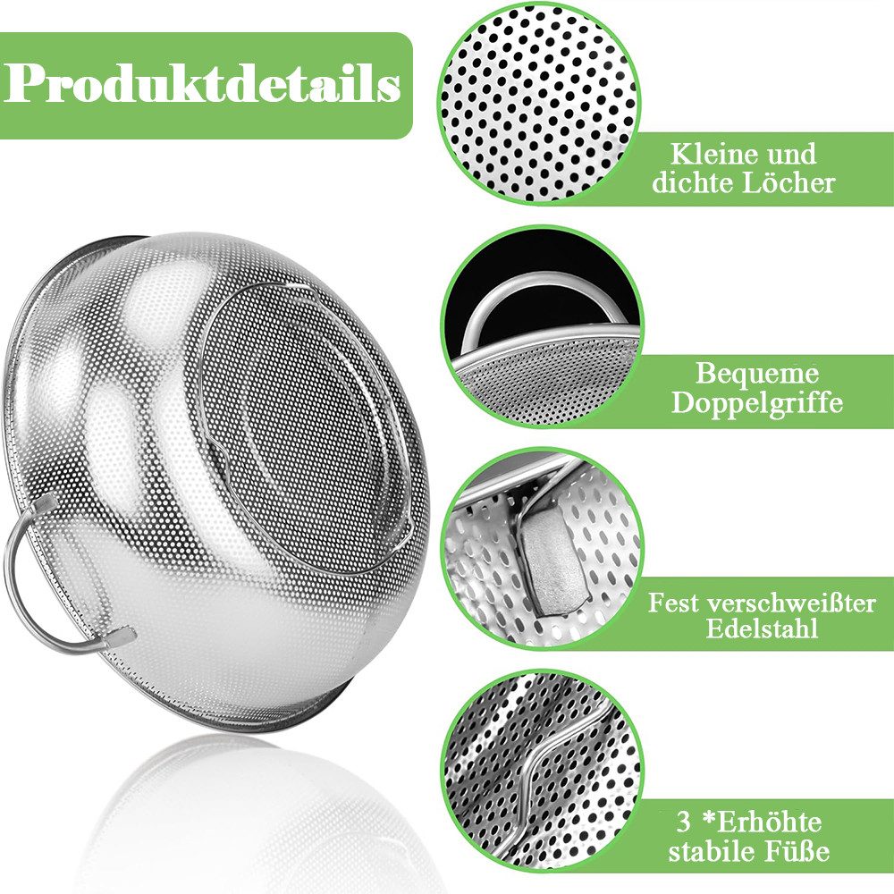TUWENA Küchensieb 3 Stück Edelstahl Küchensieb, Mikroperforiertes Nudelsieb mit Griffen, Sieb 3er-Set,Spülmaschinenfest-16.5/22.5/28.5cm für Nudeln Obst Reis