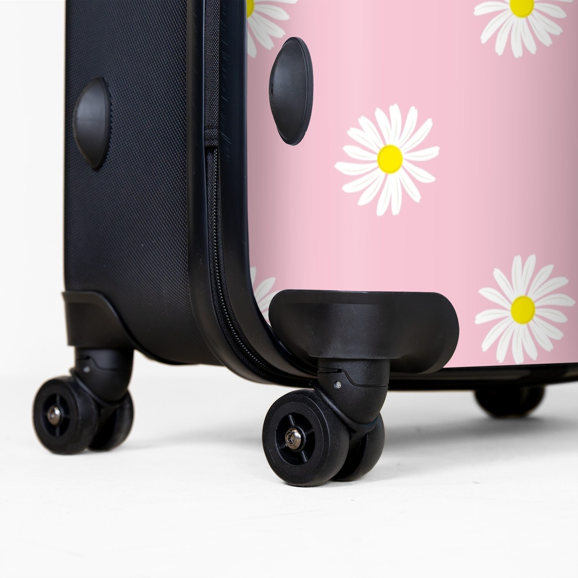 NoBoringSuitcases.com© Hartschalen-Trolley Pastellrosa mit Gänseblümchen 77 cm - 98 L, 8 Rollen, Hartschalenkoffer Groß für 30kg, Frauen Reisekoffer Trolley