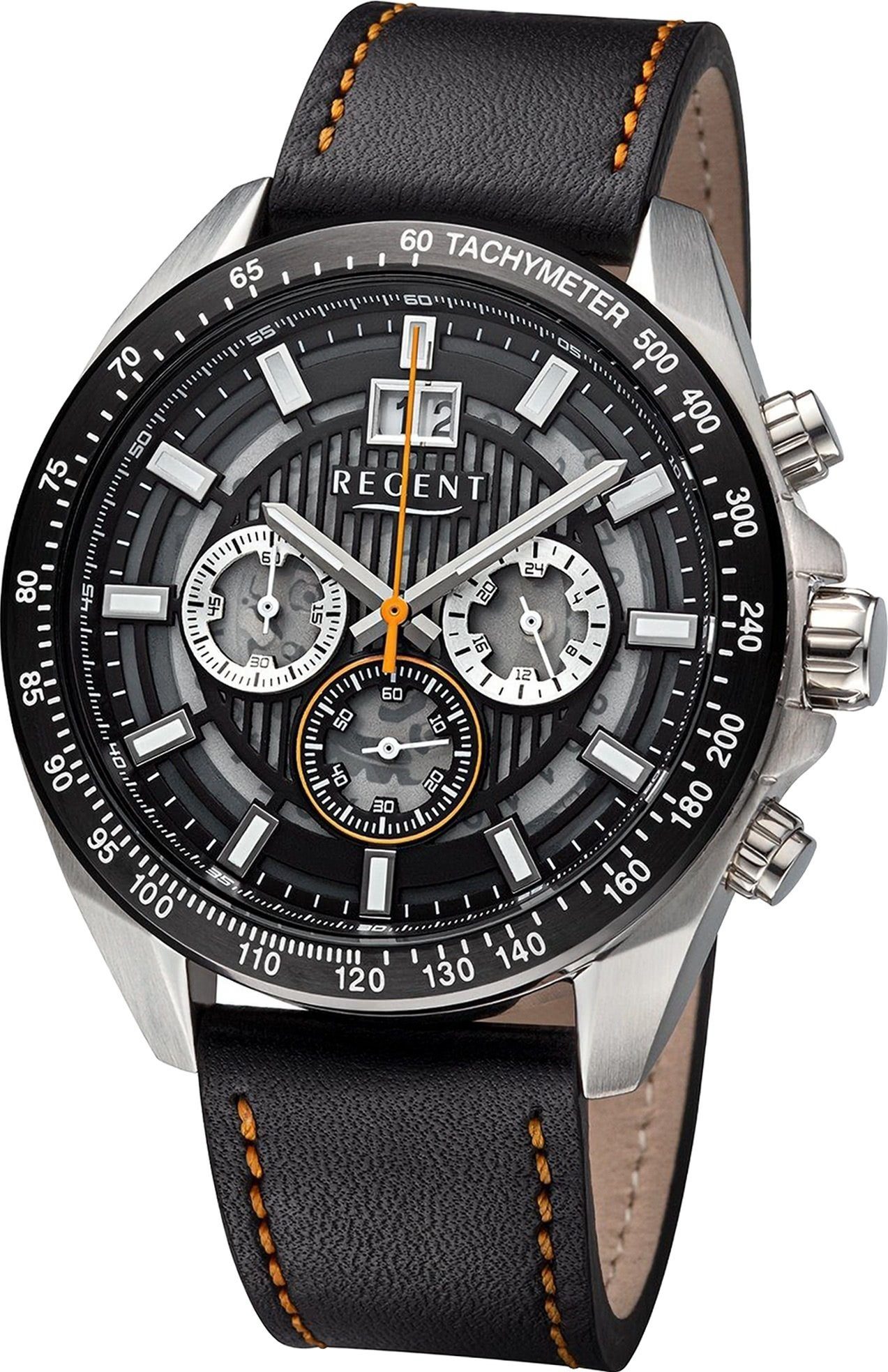 Regent Quarzuhr Regent Armbanduhr Herrenuhr (ca Lederarmband Analog, rundes Gehäuse, schwarz, groß orange, 46mm) Herren
