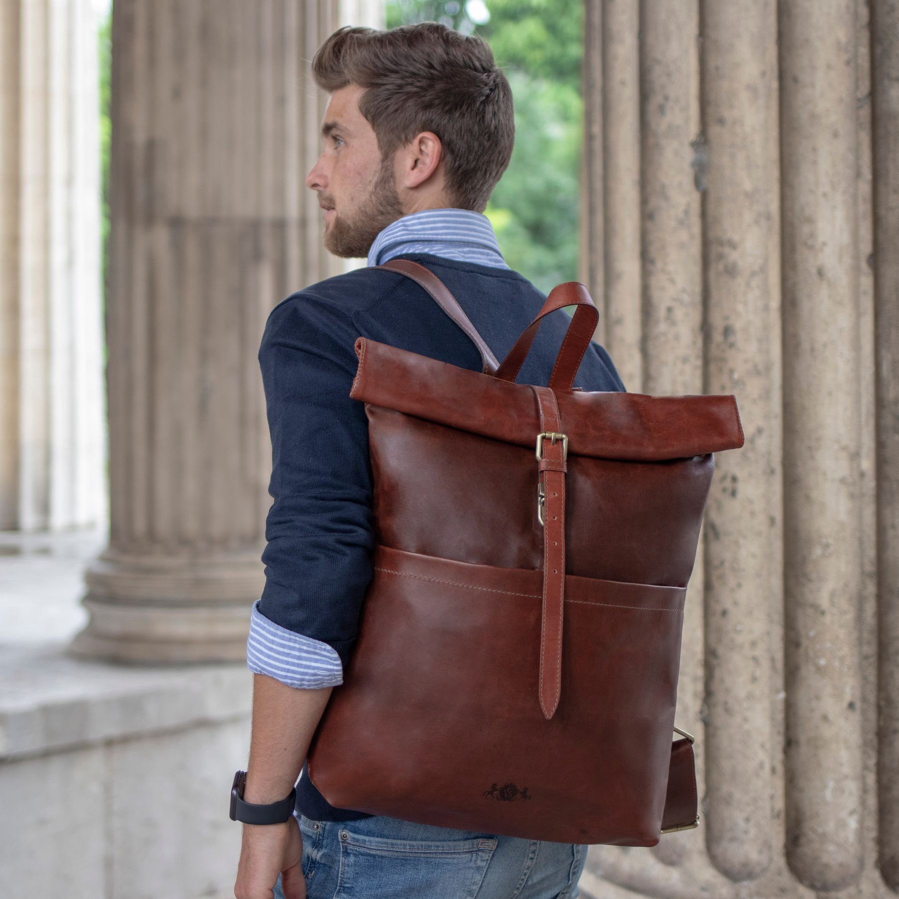 SID & VAIN Rucksack echt Leder Rucksack 15 Zoll Laptop Fach chestnut, Cityrucksack 15,4 Zoll Echtleder Damen Herren Vintage-hellbraun