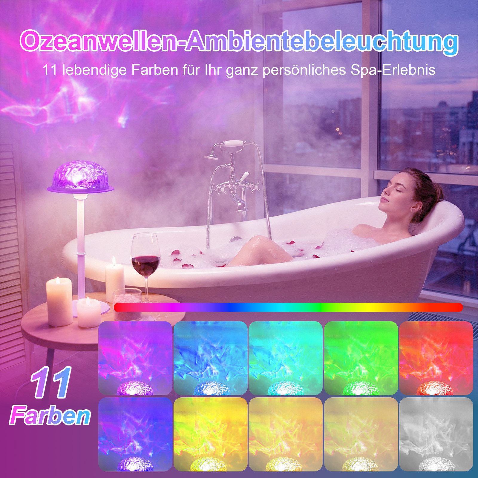 Rosnek LED Nachtlicht Wasserwellen Lampe LED RGB kabellos mit Touch Fernbedienung, LED fest integriert, das Badezimmer, Akku, Farbwechsel, Ozean Projektor für Bad Dusche Wanne