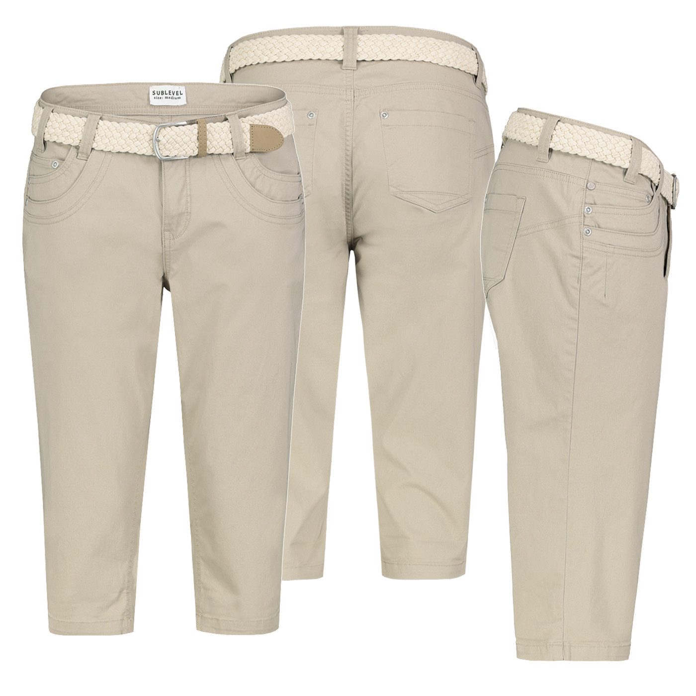 SUBLEVEL Бермуды Damen Short Bermuda 3/4 Hose Sommer Chino Stoff Hose mit Gürtel Capri