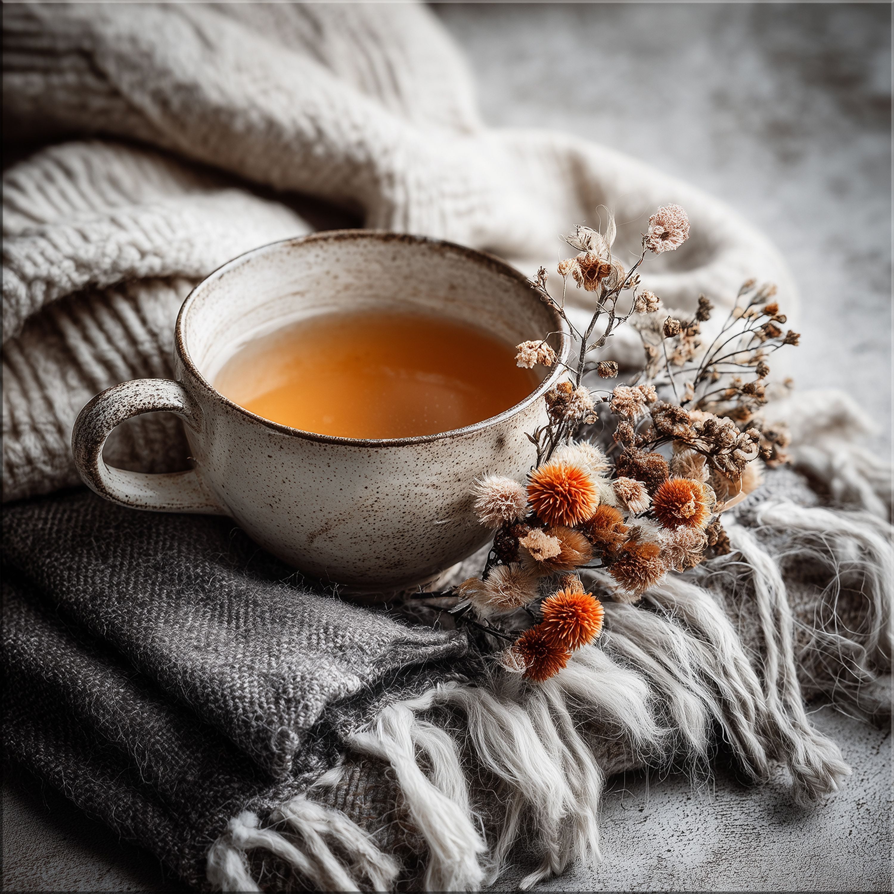 artissimo Glasbild Bild aus Glas 30x30 cm / Wandbild quadratisch orange grau, Stillleben:Teetasse im Cozy Style