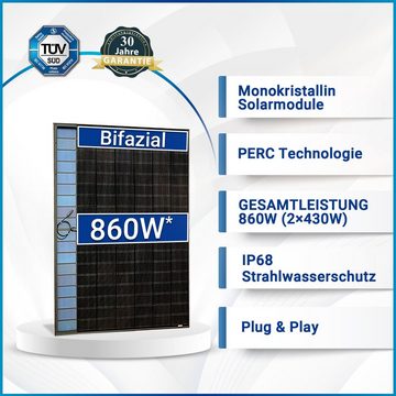 SOLAR-HOOK etm Solaranlage 860W Bifacial Balkonkraftwerk mit Hoymiles HMS-800W-2T WIFI, Upgradefähiger von 600W auf 800W Wechselrichter, Wasserdichtigkeitsklasse mit IP67 Schutzart, Dualer MPP-Tracker, steckerfertig für Ihr Haus, Plug & Play