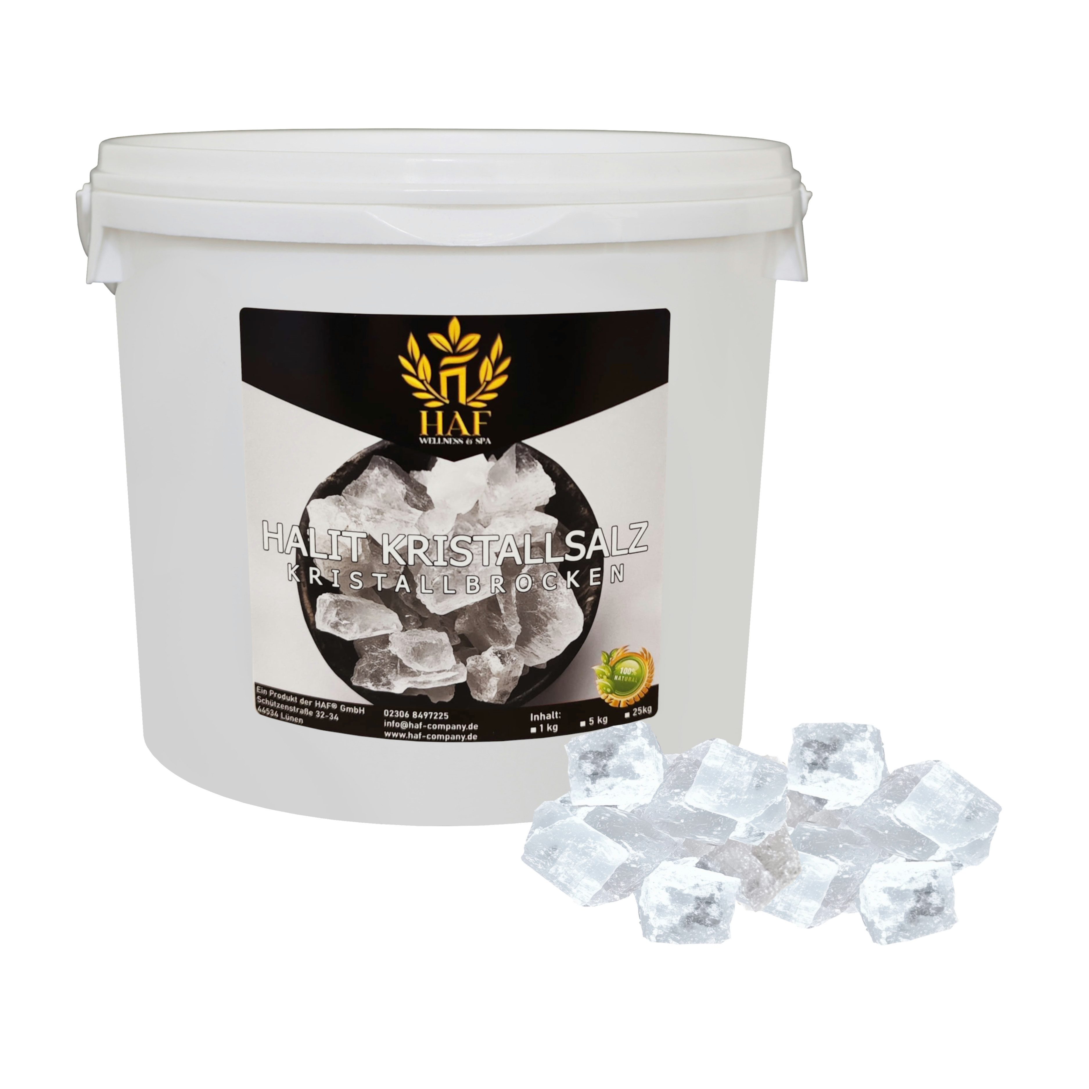 HAF Кристаллы соли Weiße Halit Salzbrocken 5 kg Steinsalz Brocken grobes Salz 2-5cm, (Naturbelassen aus der Salt Range in Pakistan, 5 St., 1 x 5 kg im Eimer), Grobe Steinsalz Brocken ohne Zusätze
