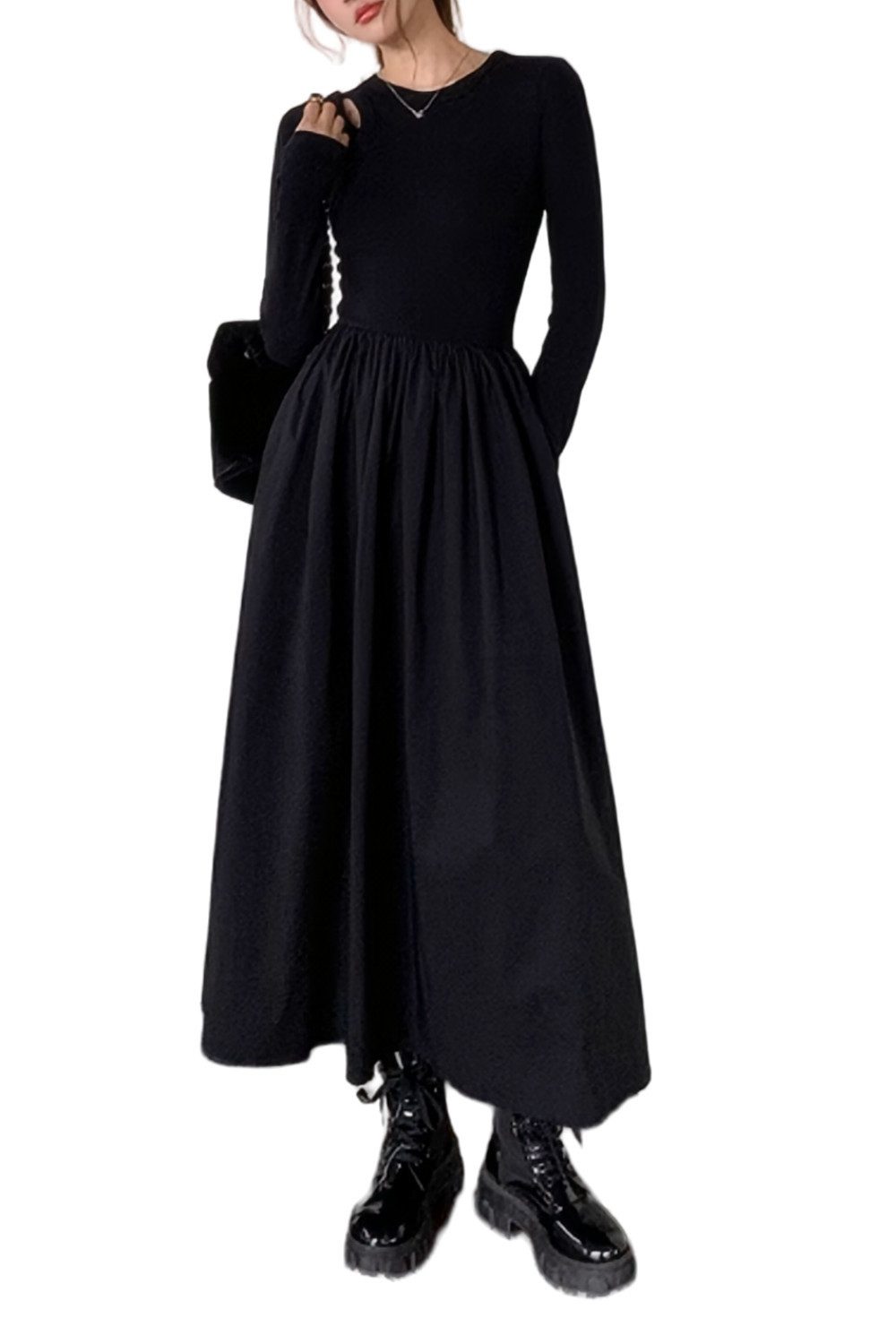 B.X Maxikleid Damen Casual lange Ärmel einfarbig Jerseykleid mit Rundhalsausschnitt Freizeit Hohl Langarmkleid im Hepburn-Stil abnehmen, A-Linien-Kleid