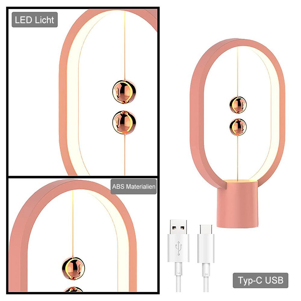 Schalter, Rosnek Nachttisch Warmweiß, Balance Nachttischlampe Heng Licht für Rosa Büro Schlafsaal LED USB, Deko, Magnetischer