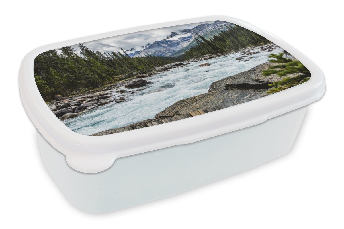 MuchoWow Lunchbox Fluss in der Nähe eines Berges in Kanada, Kunststoff, (2-tlg), Brotbox für Kinder und Erwachsene, Brotdose, für Jungs und Mädchen weiß
